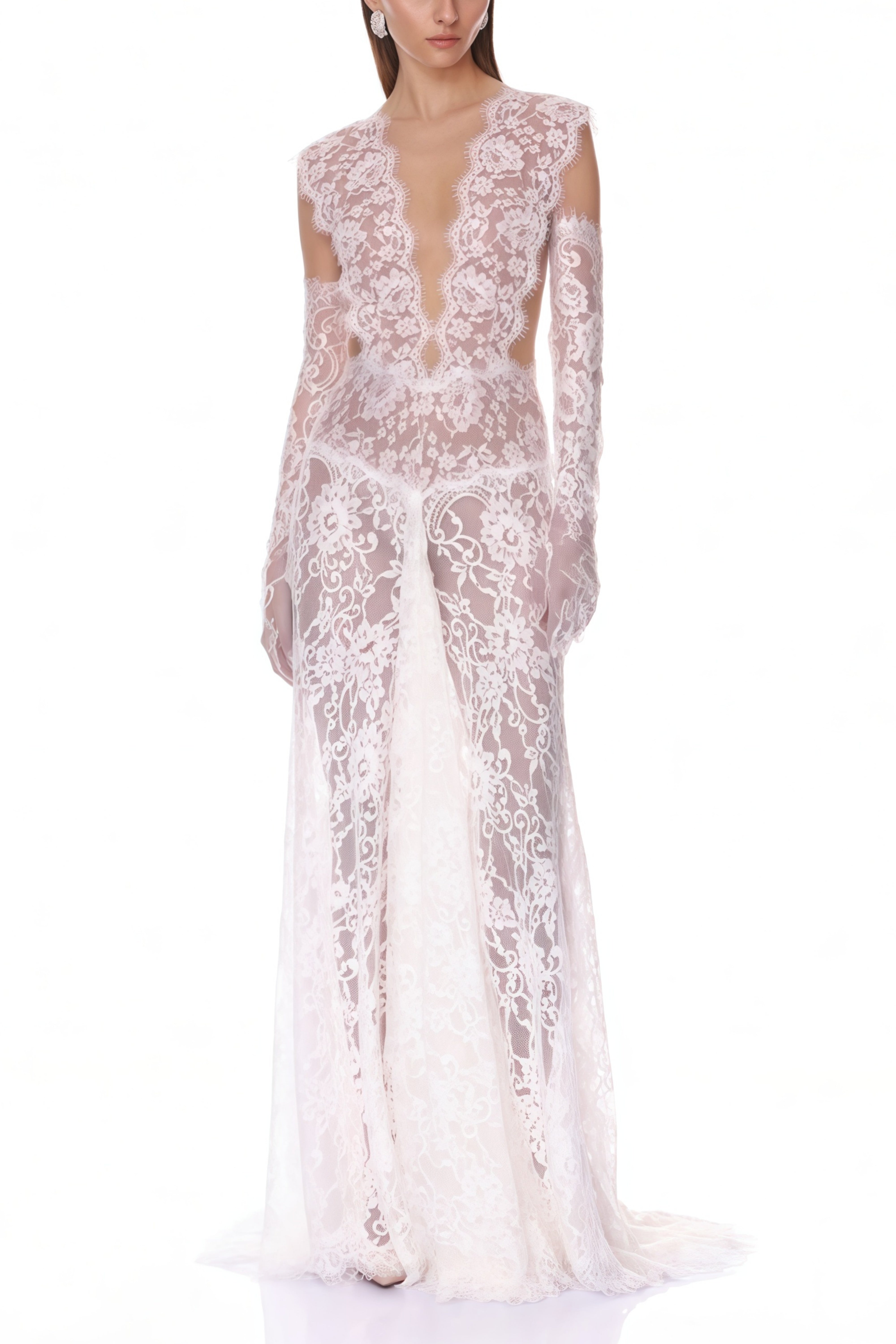 Hanna White Sheer Lace Maxi Dress with Deep V-Neck (Without Gloves) (Final Sale-US Only)