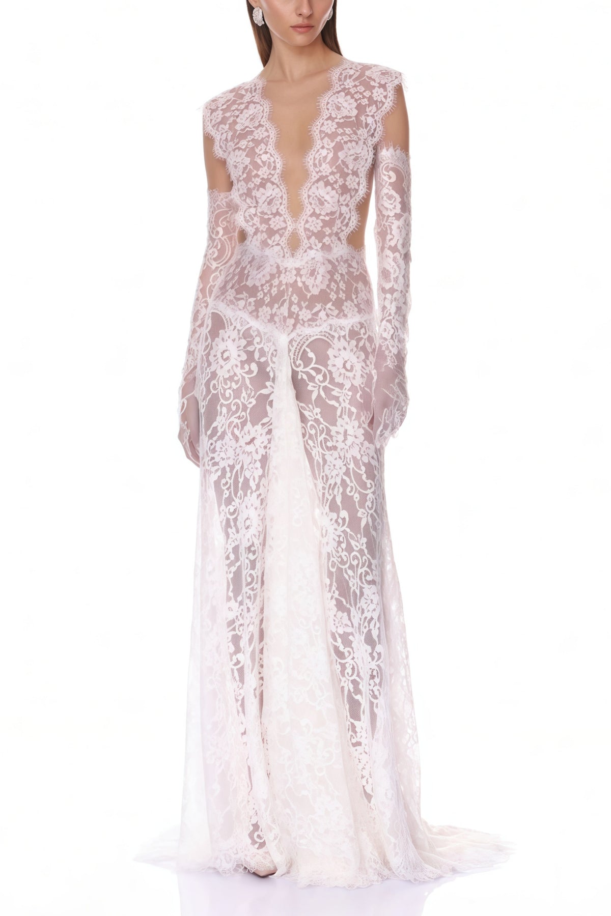 Hanna White Sheer Lace Maxi Dress with Deep V-Neck (Without Gloves) (Final Sale-US Only)