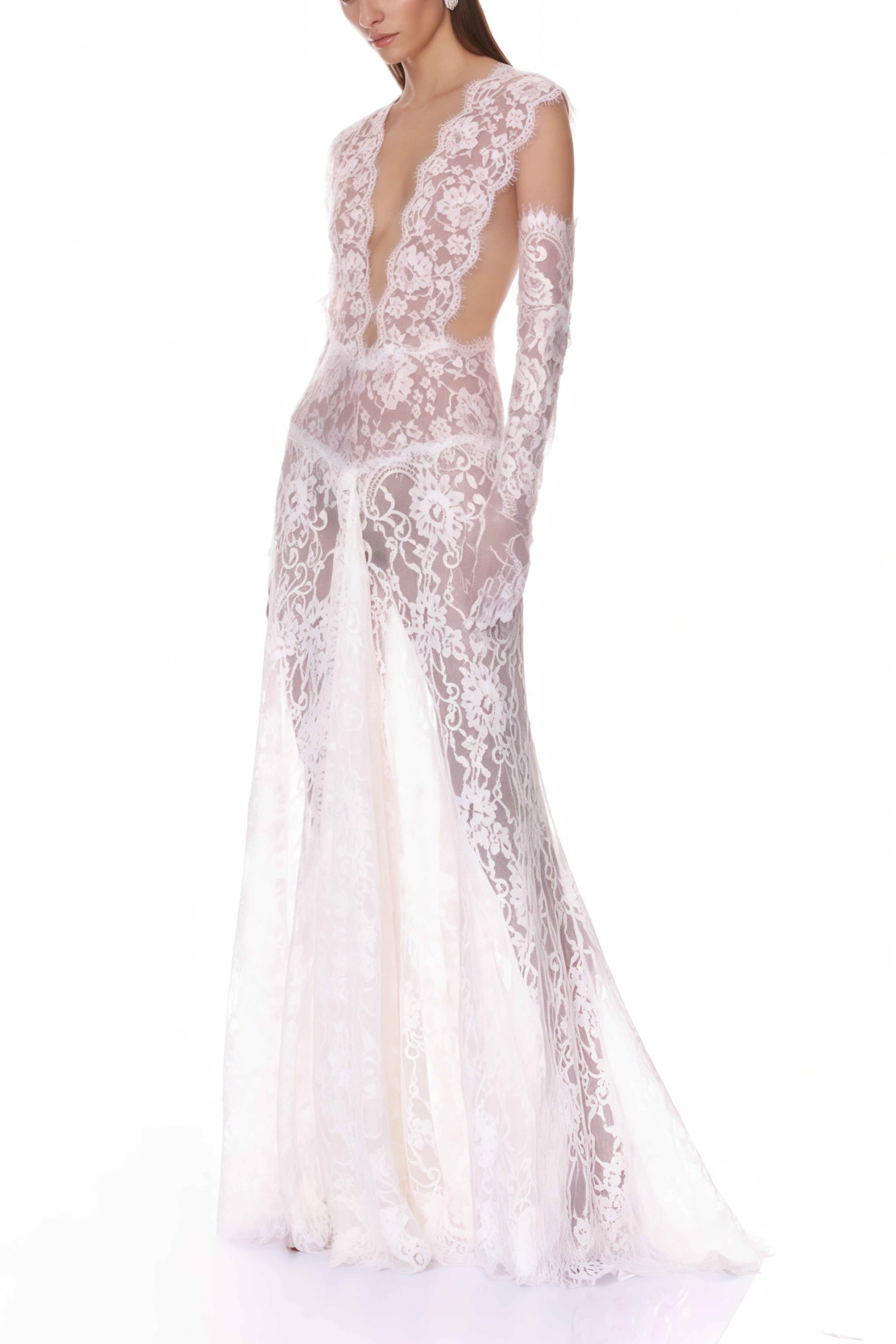 Hanna White Sheer Lace Maxi Dress with Deep V-Neck (Without Gloves) (Final Sale-US Only)