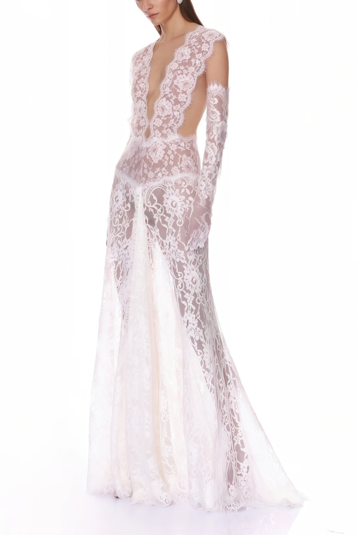 Hanna White Sheer Lace Maxi Dress with Deep V-Neck (Without Gloves) (Final Sale-US Only)