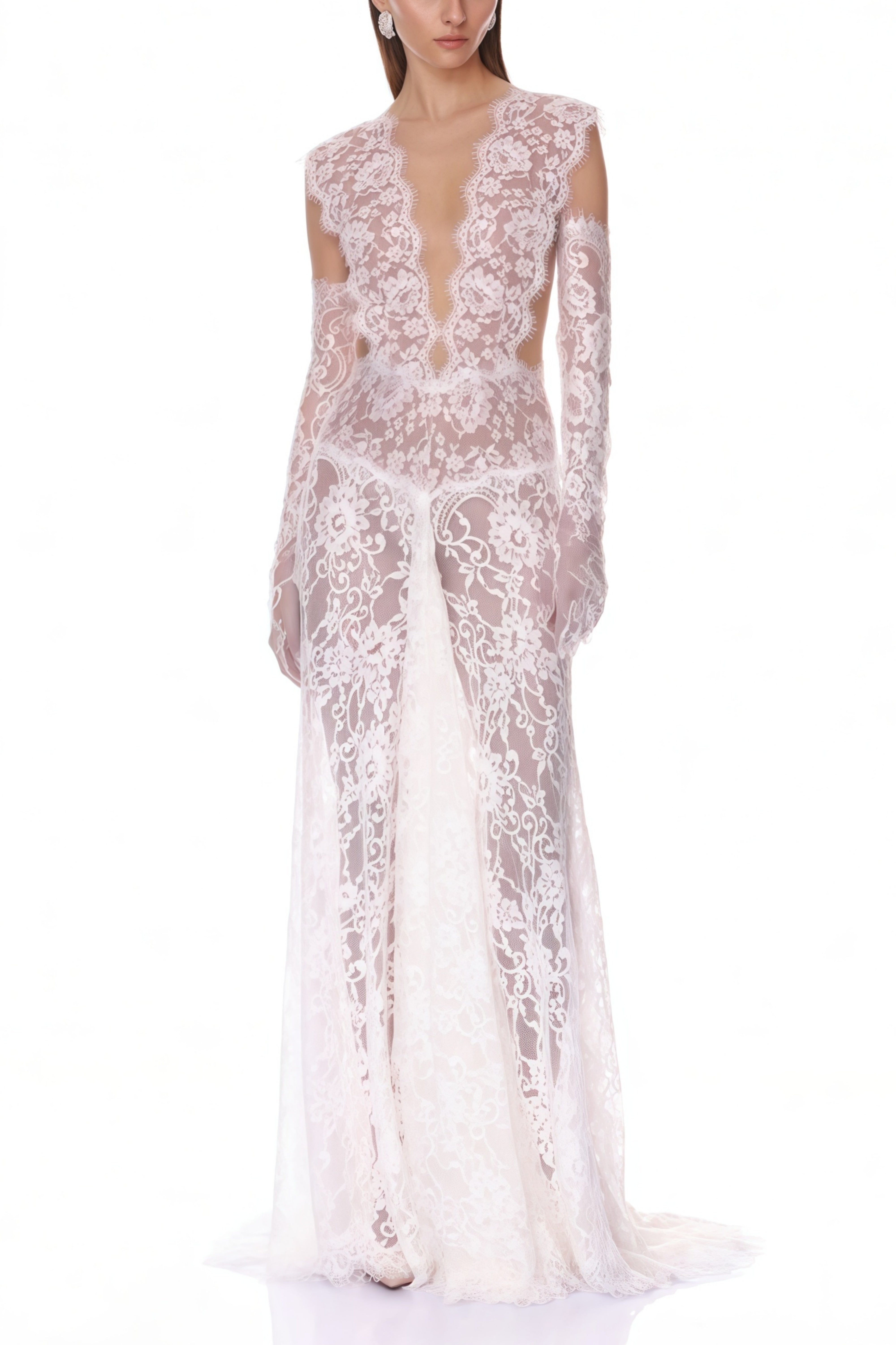 Hanna White Sheer Lace Maxi Dress with Deep V-Neck (Without Gloves) (Final Sale-US Only)