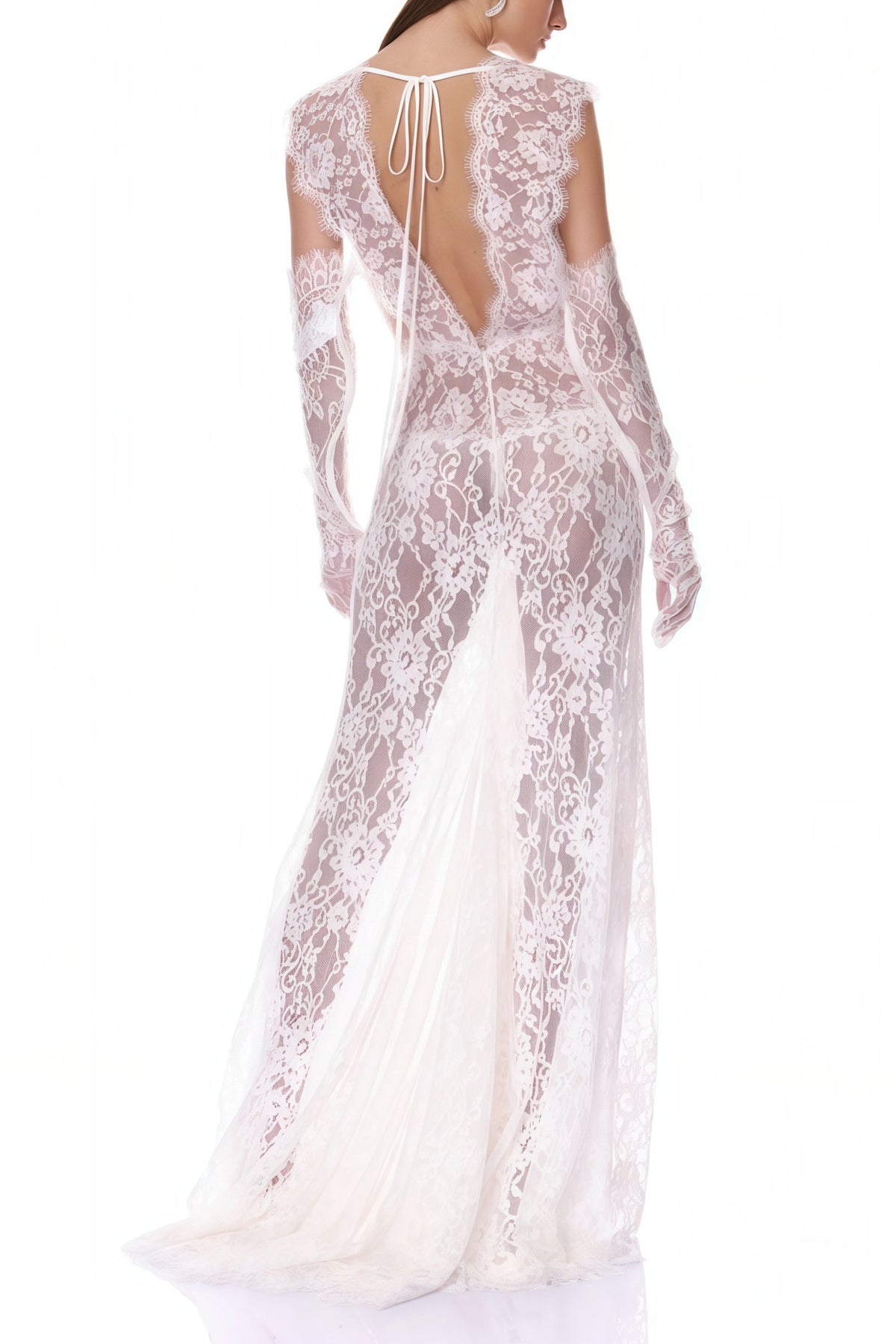 Hanna White Sheer Lace Maxi Dress with Deep V-Neck (Without Gloves) (Final Sale)