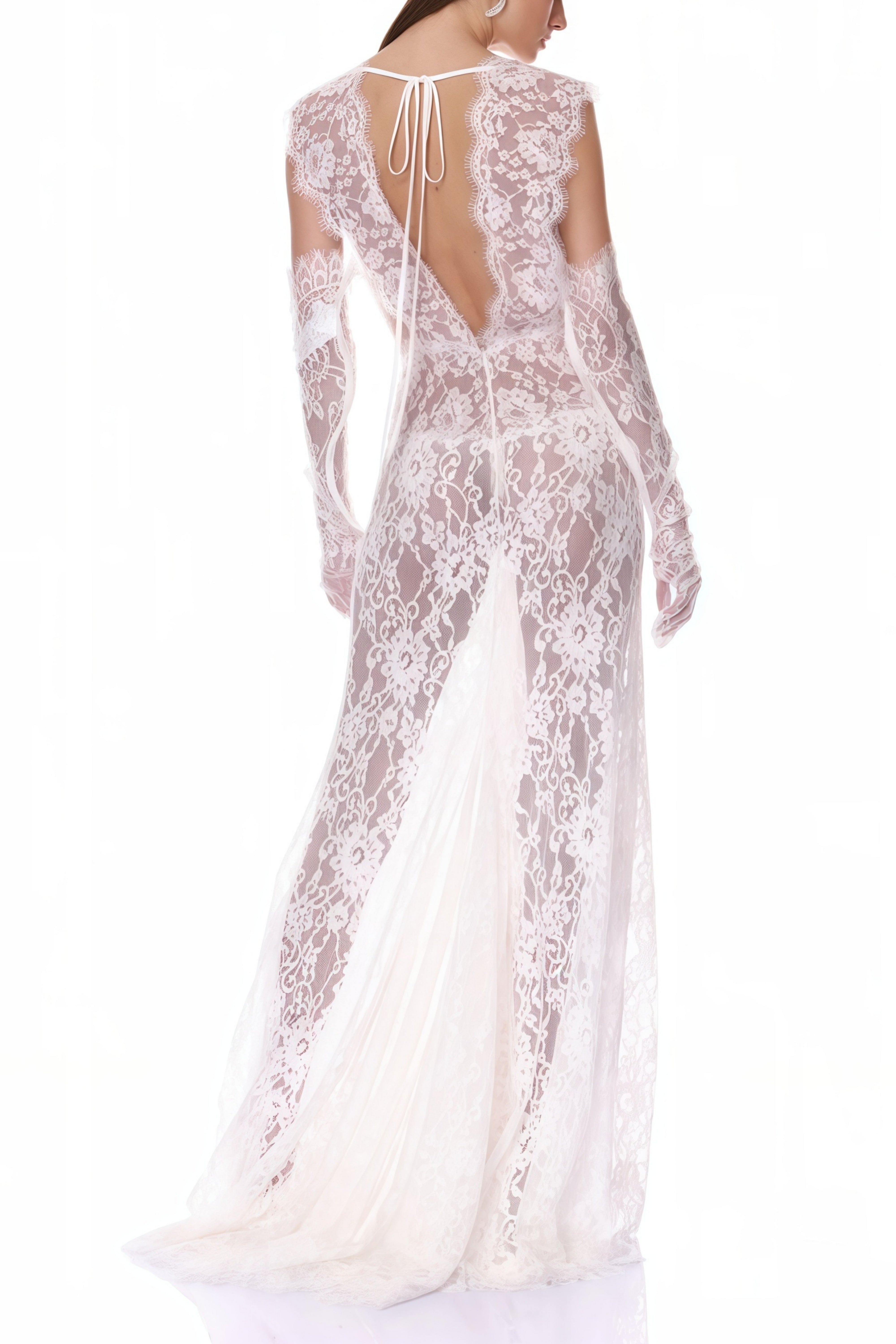 Hanna White Sheer Lace Maxi Dress with Deep V-Neck (Without Gloves) (Final Sale-US Only)