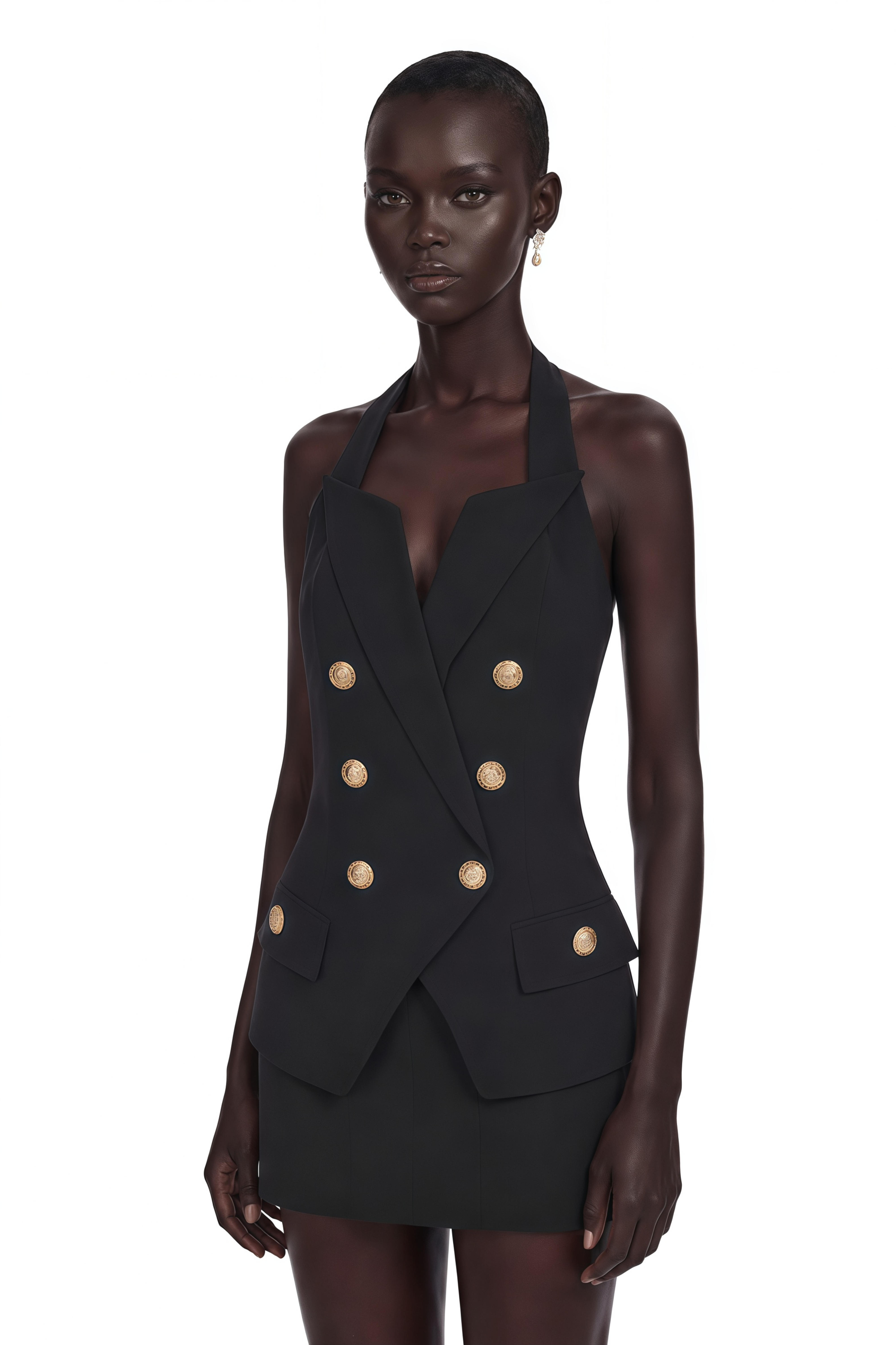 Harper Black Tailored Double-breasted Halterneck Top