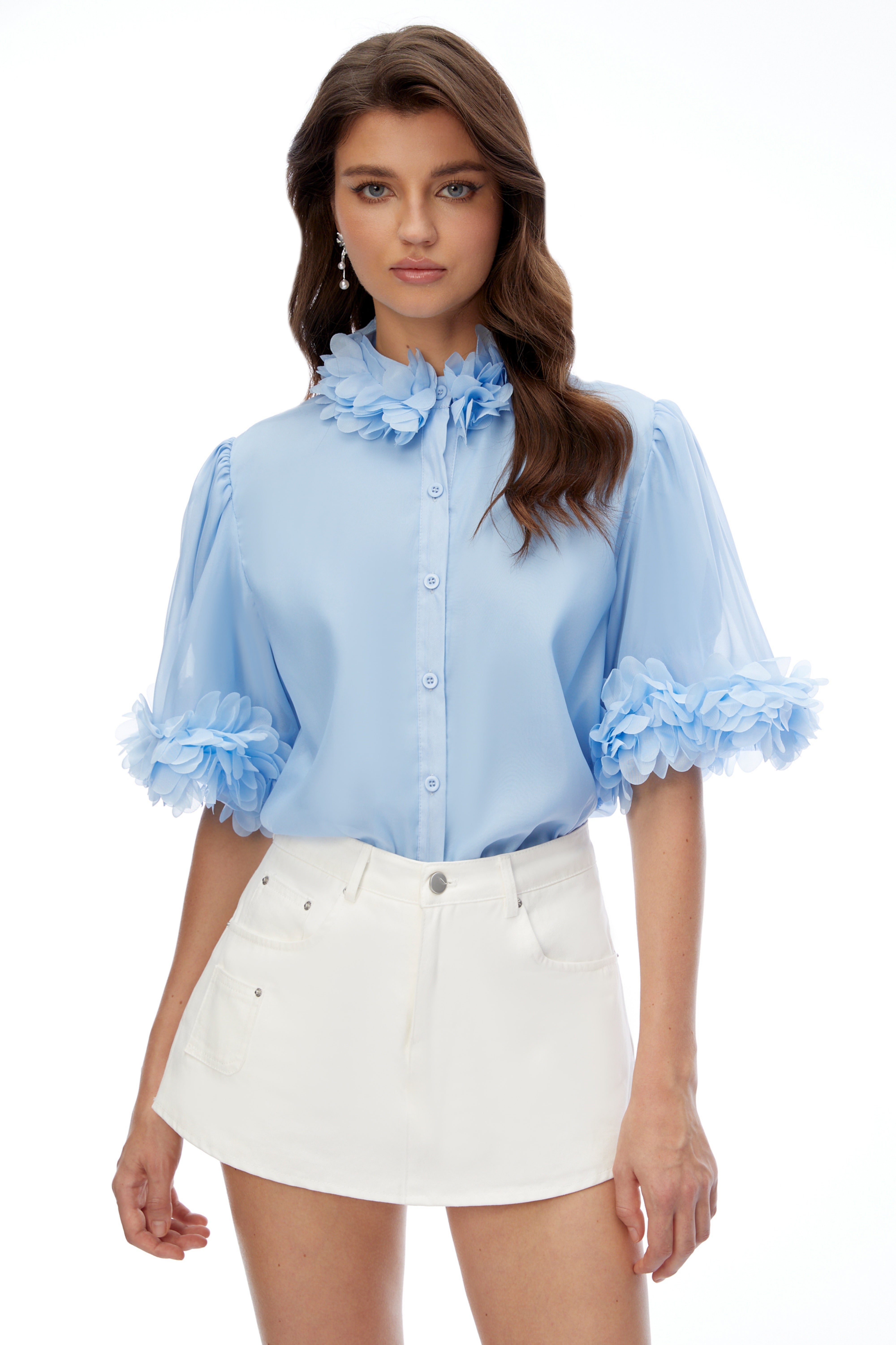 Hattie Blue Short Sleeve Blouse with 3D Florals