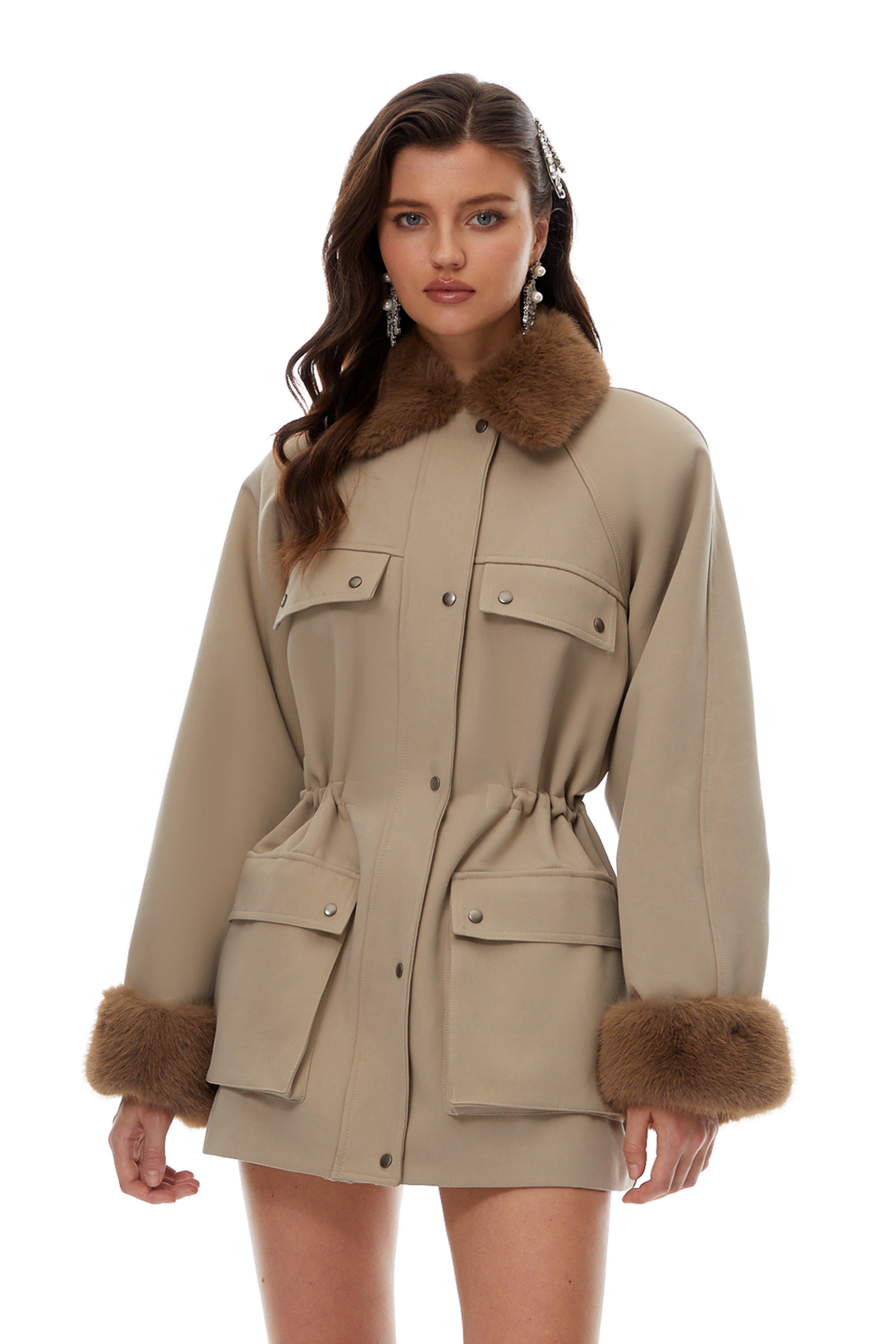 Haven Neutral Faux-Fur Trim Balmoral Jacket