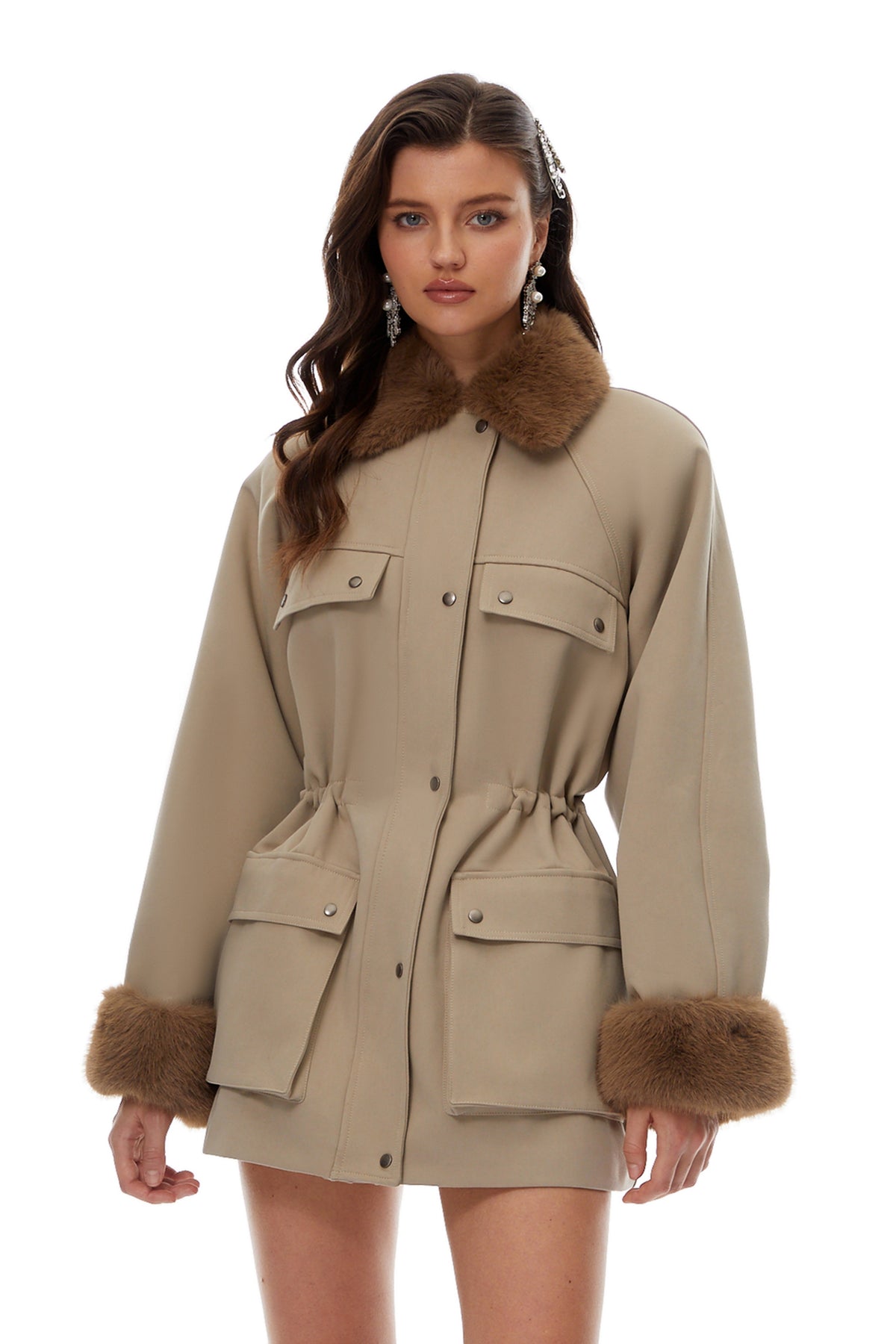 Haven Neutral Faux-Fur Trim Balmoral Jacket