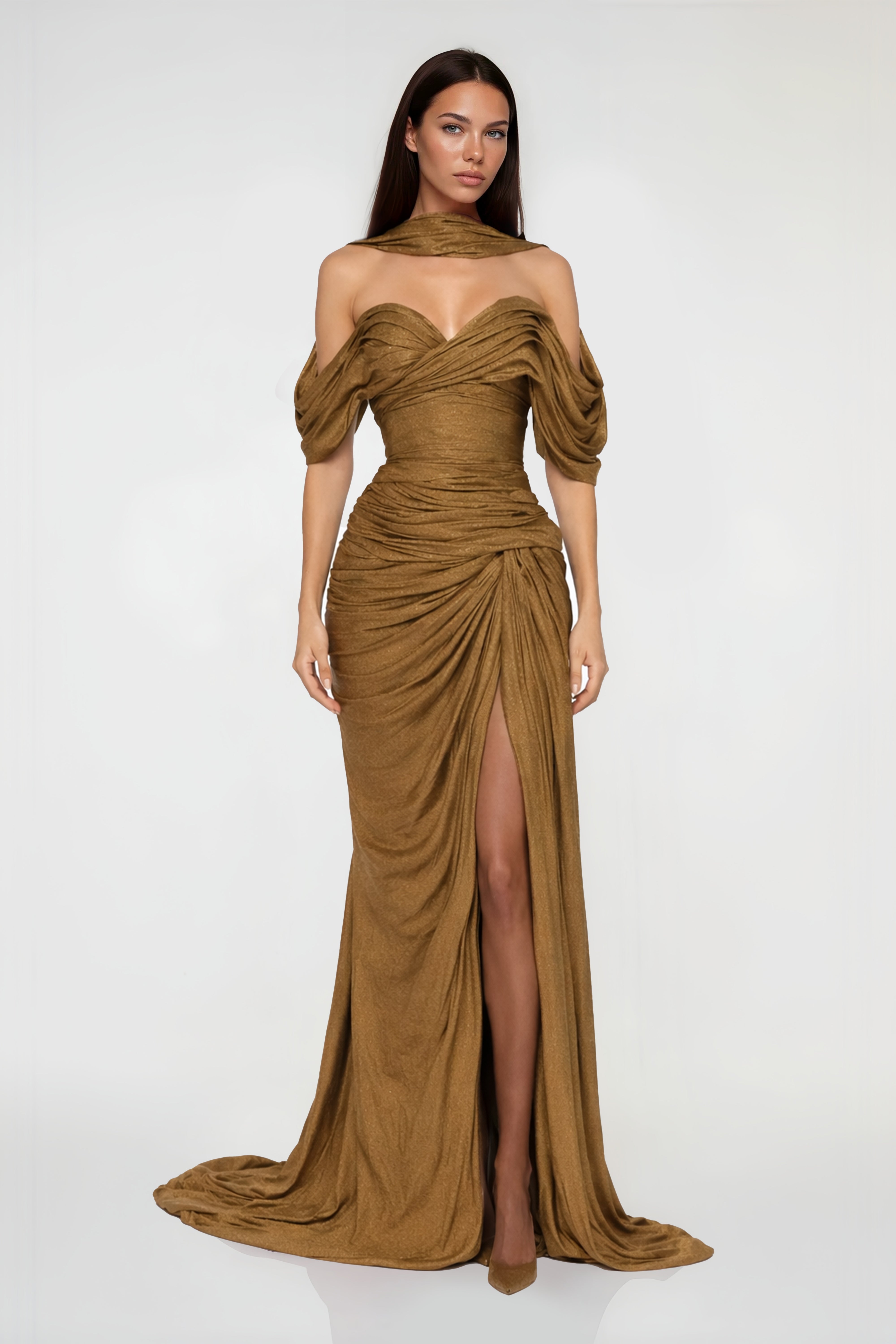 Hazel Gold Asymmetrical Draped Maxi Dress