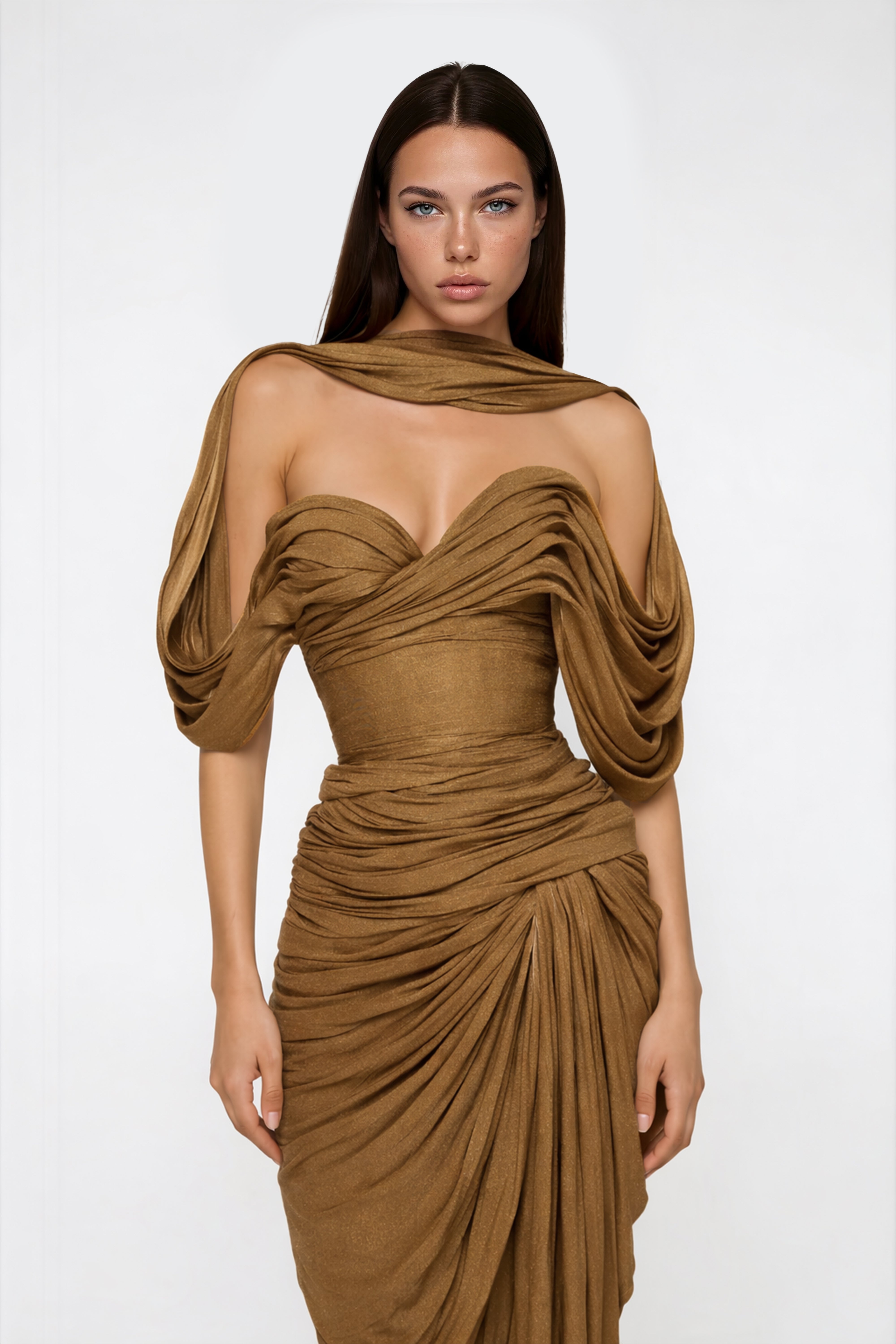 Hazel Gold Asymmetrical Draped Maxi Dress