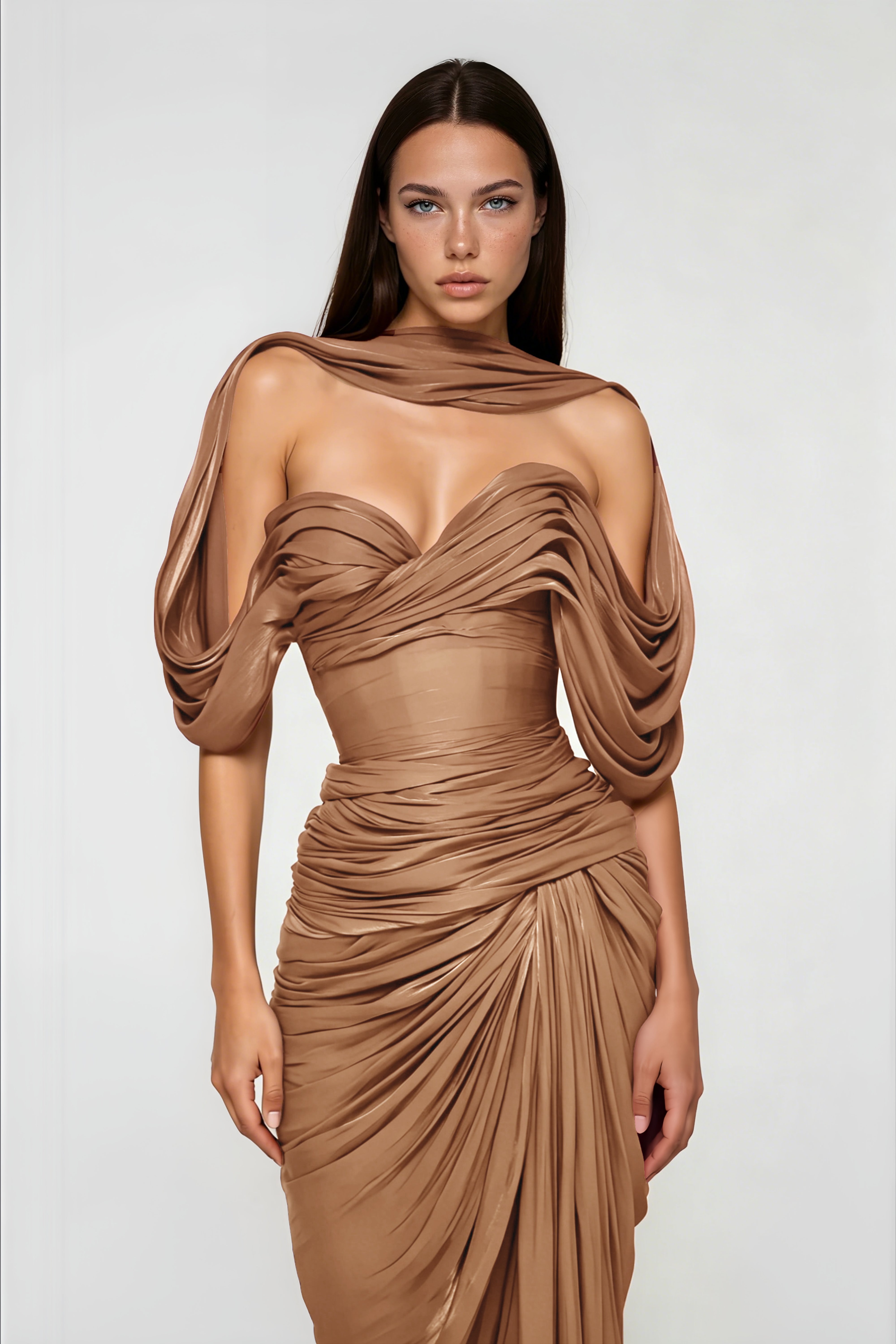 Hazel Gold Asymmetrical Draped Maxi Dress