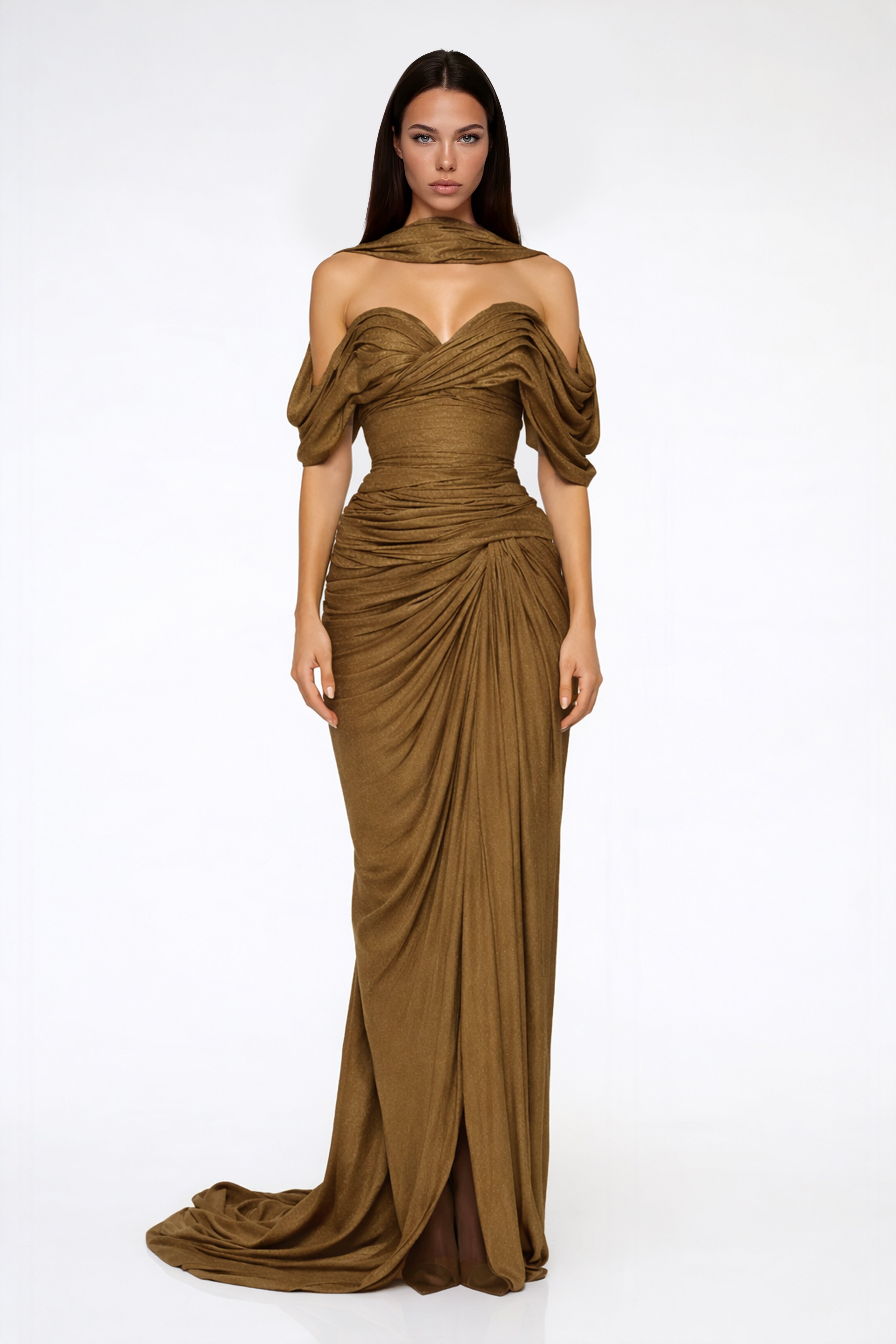 Hazel Gold Asymmetrical Draped Maxi Dress