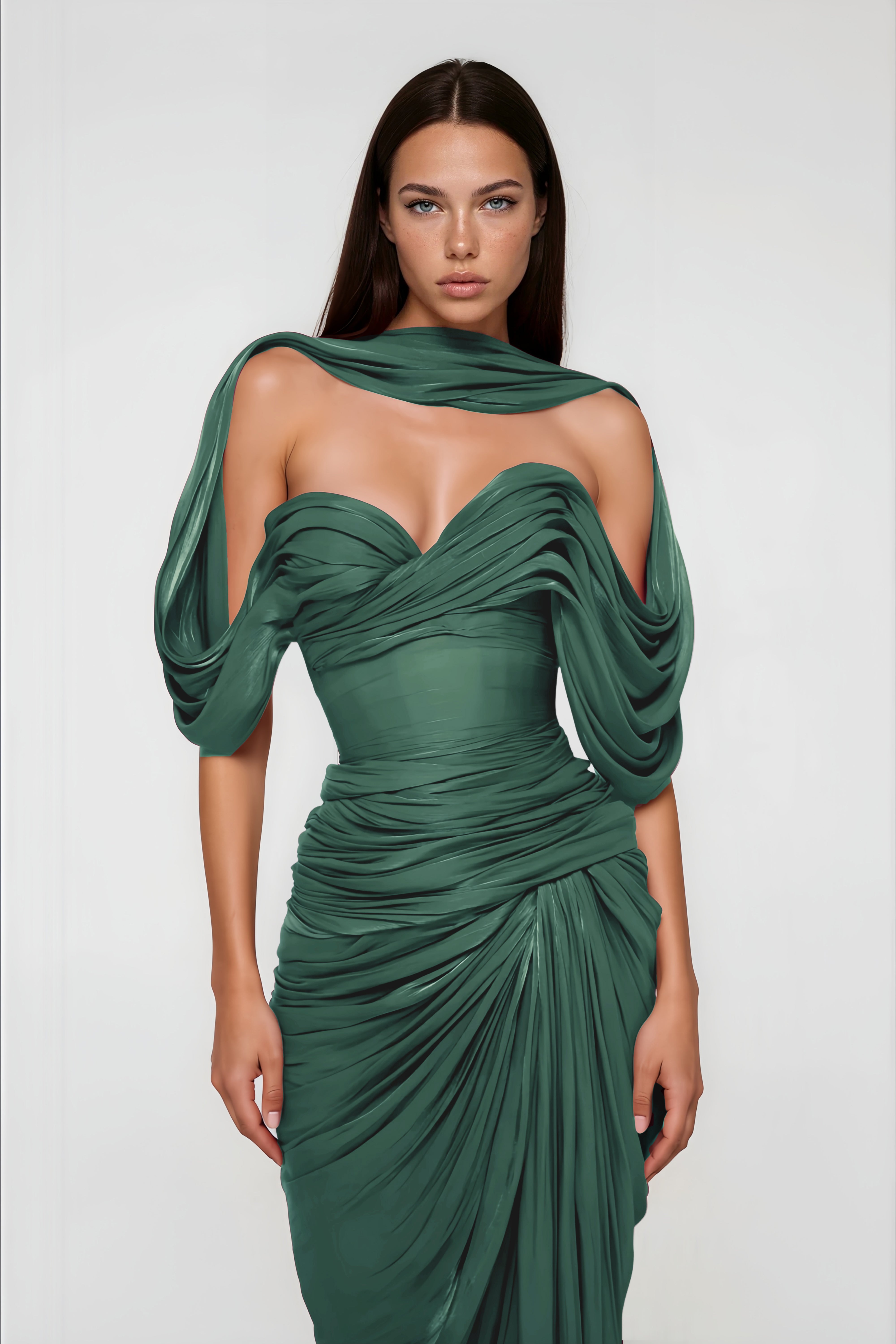 Hazel Green Asymmetrical Draped Maxi Dress