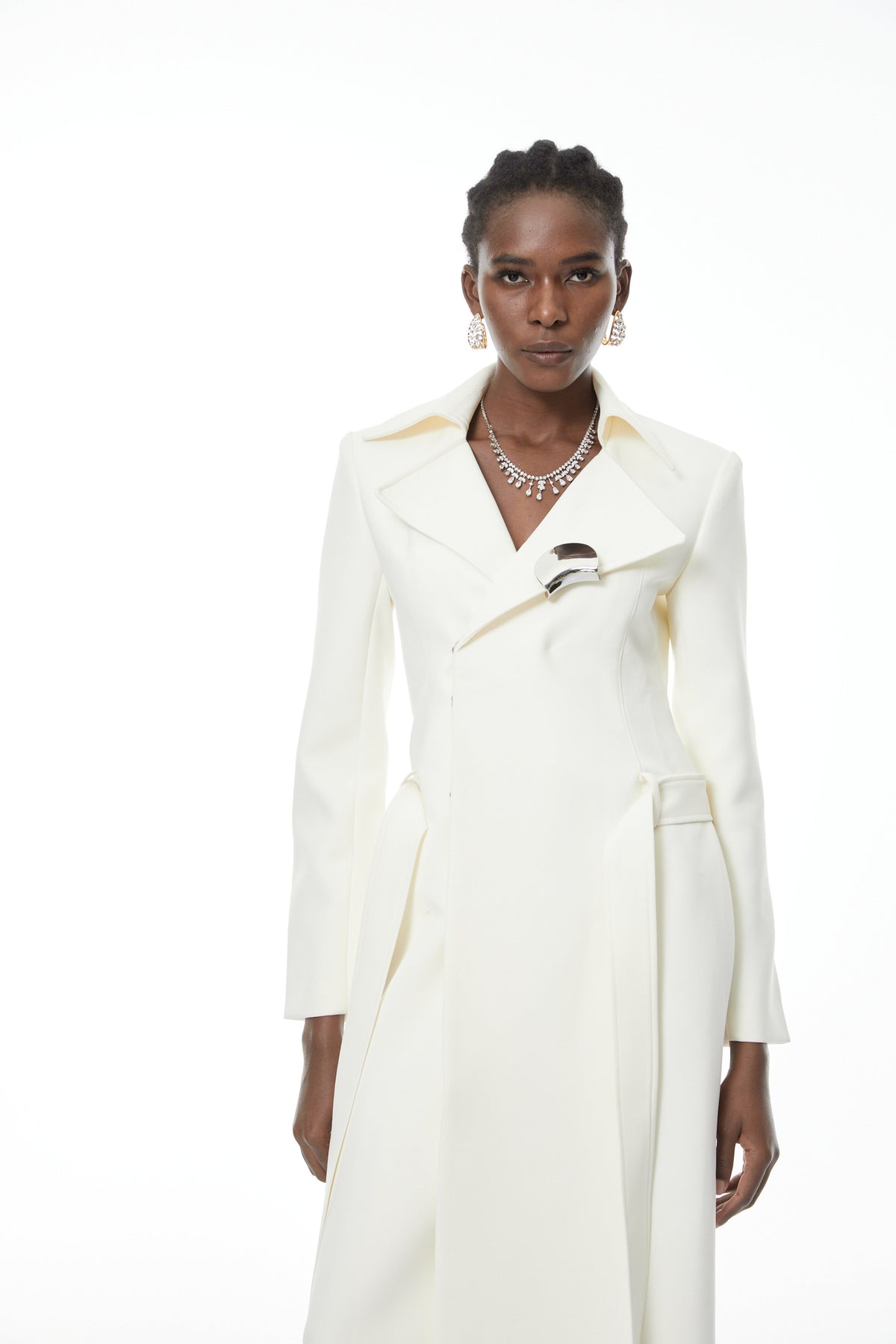 Hazel White Embellished Long Coat