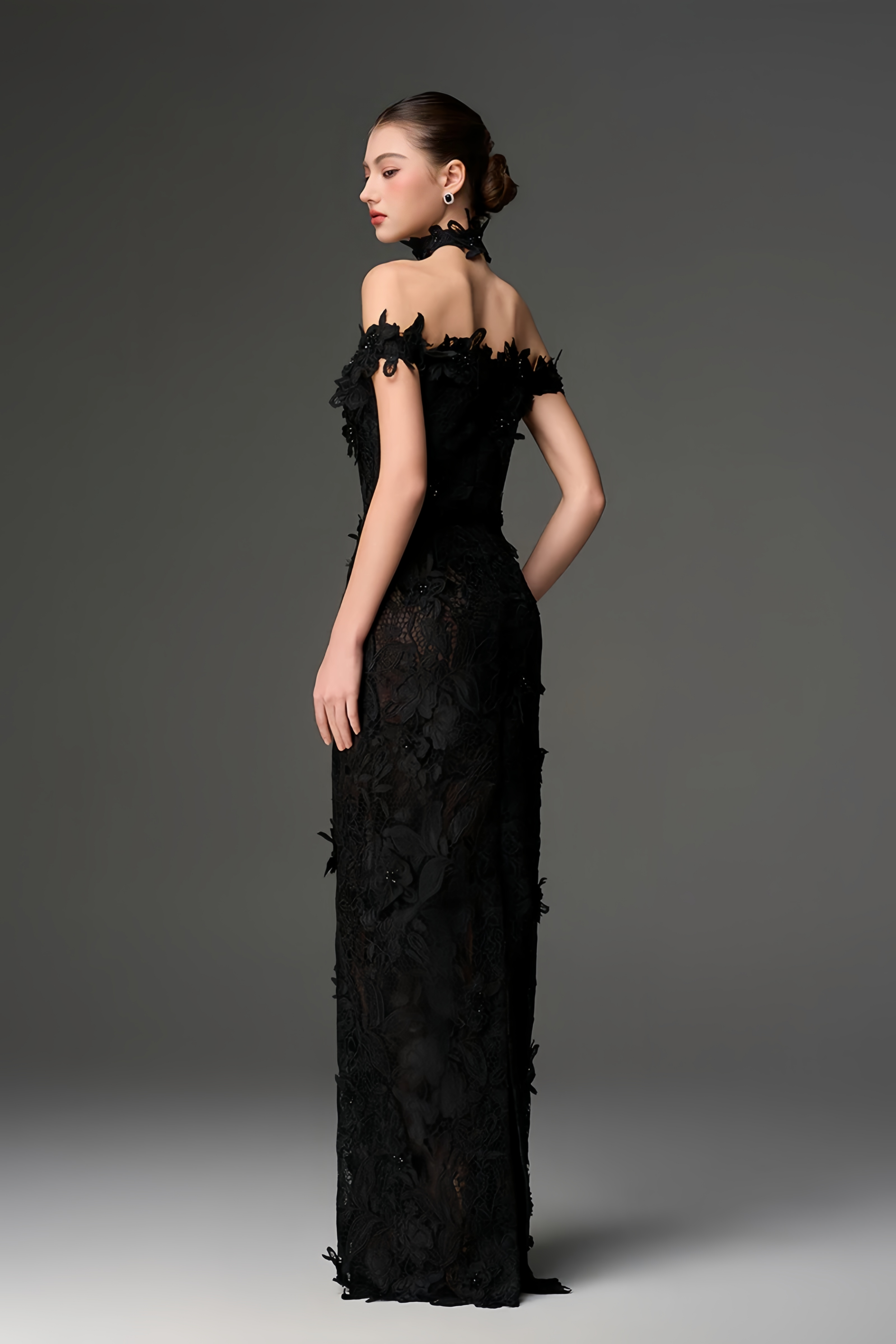 Hecate Black Beaded Lace Maxi Dress with 3D Florals