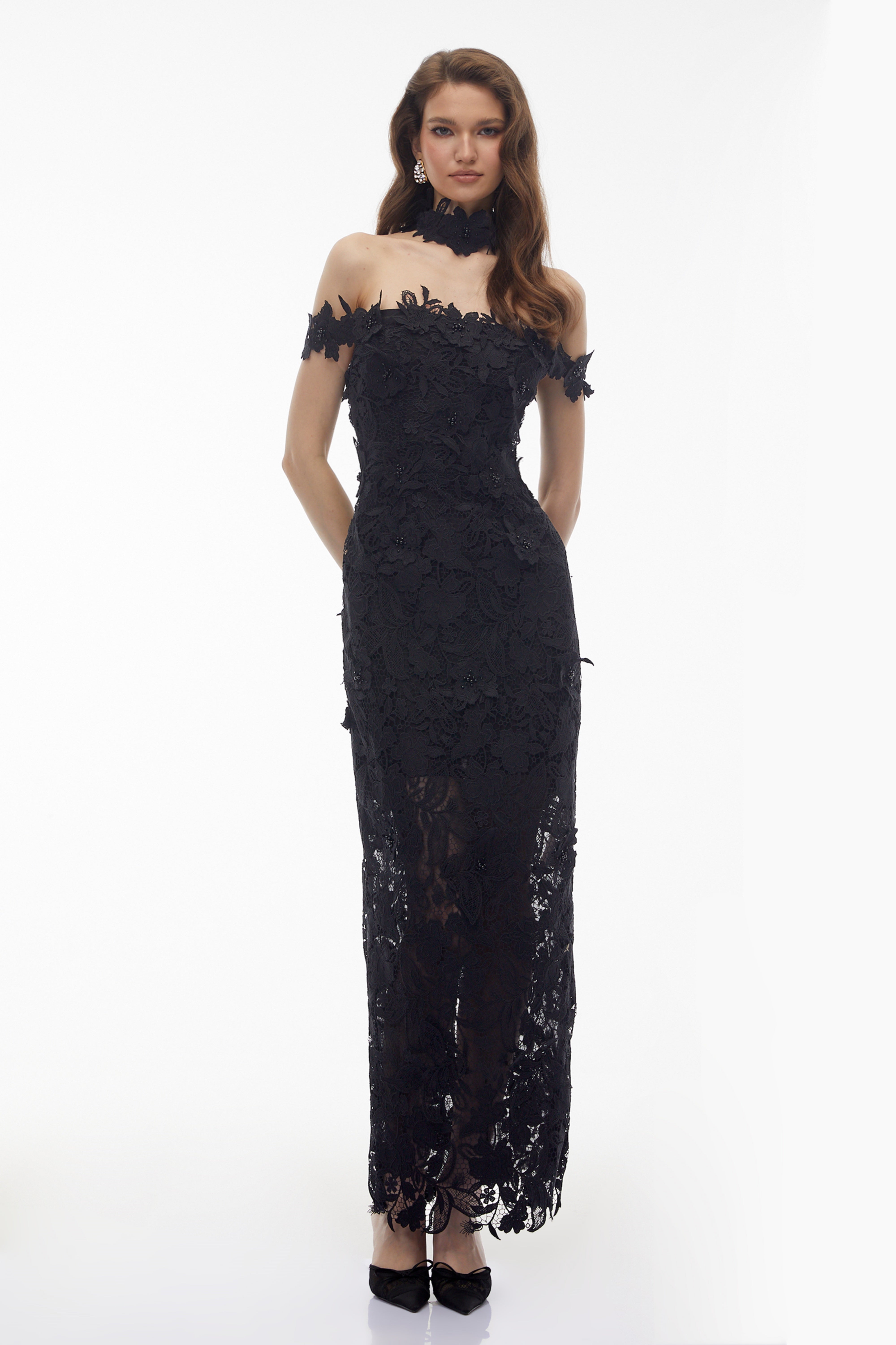 Hecate Black Beaded Lace Maxi Dress with 3D Florals (Final Sale-US Only)