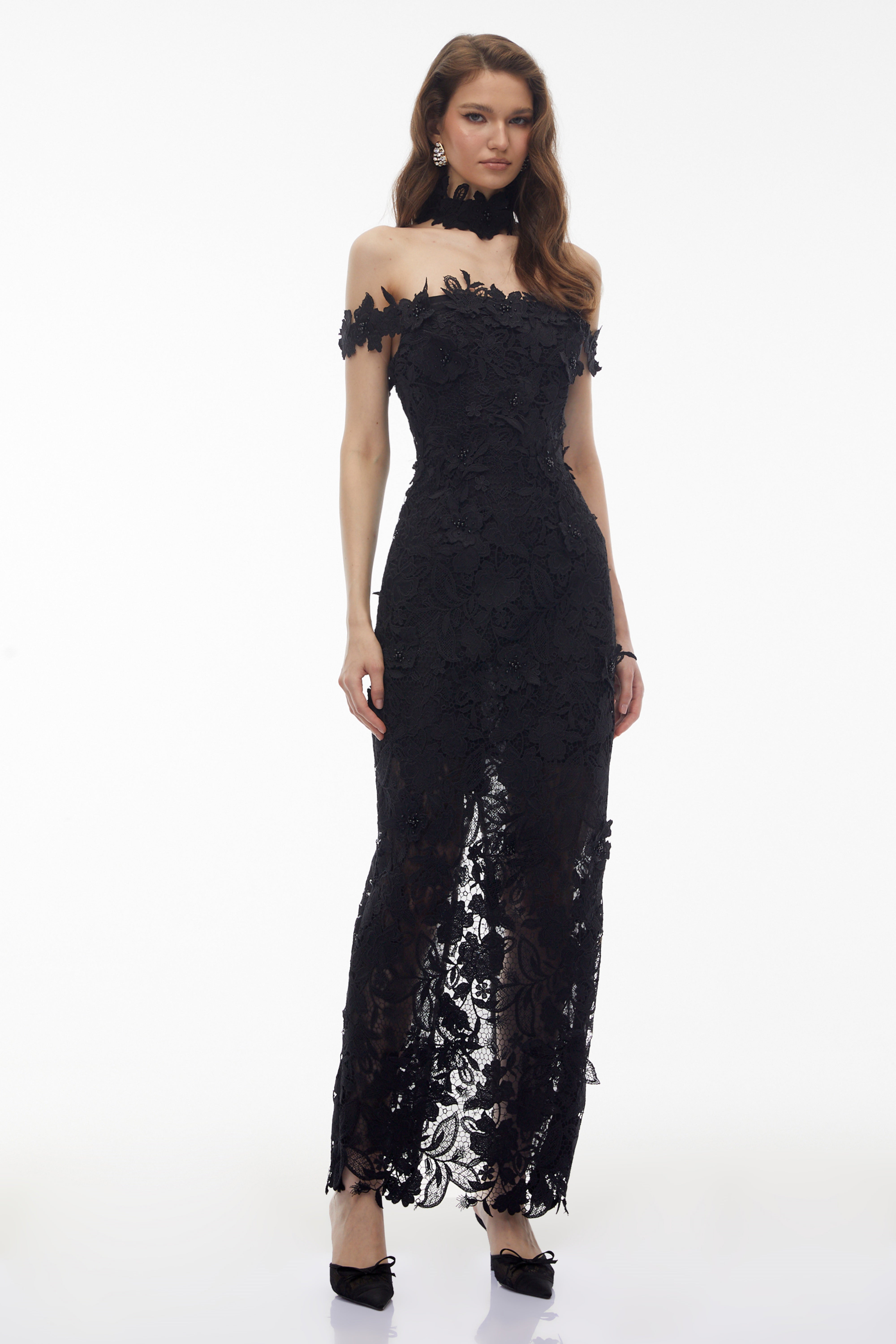 Hecate Black Beaded Lace Maxi Dress with 3D Florals (Final Sale-US Only)