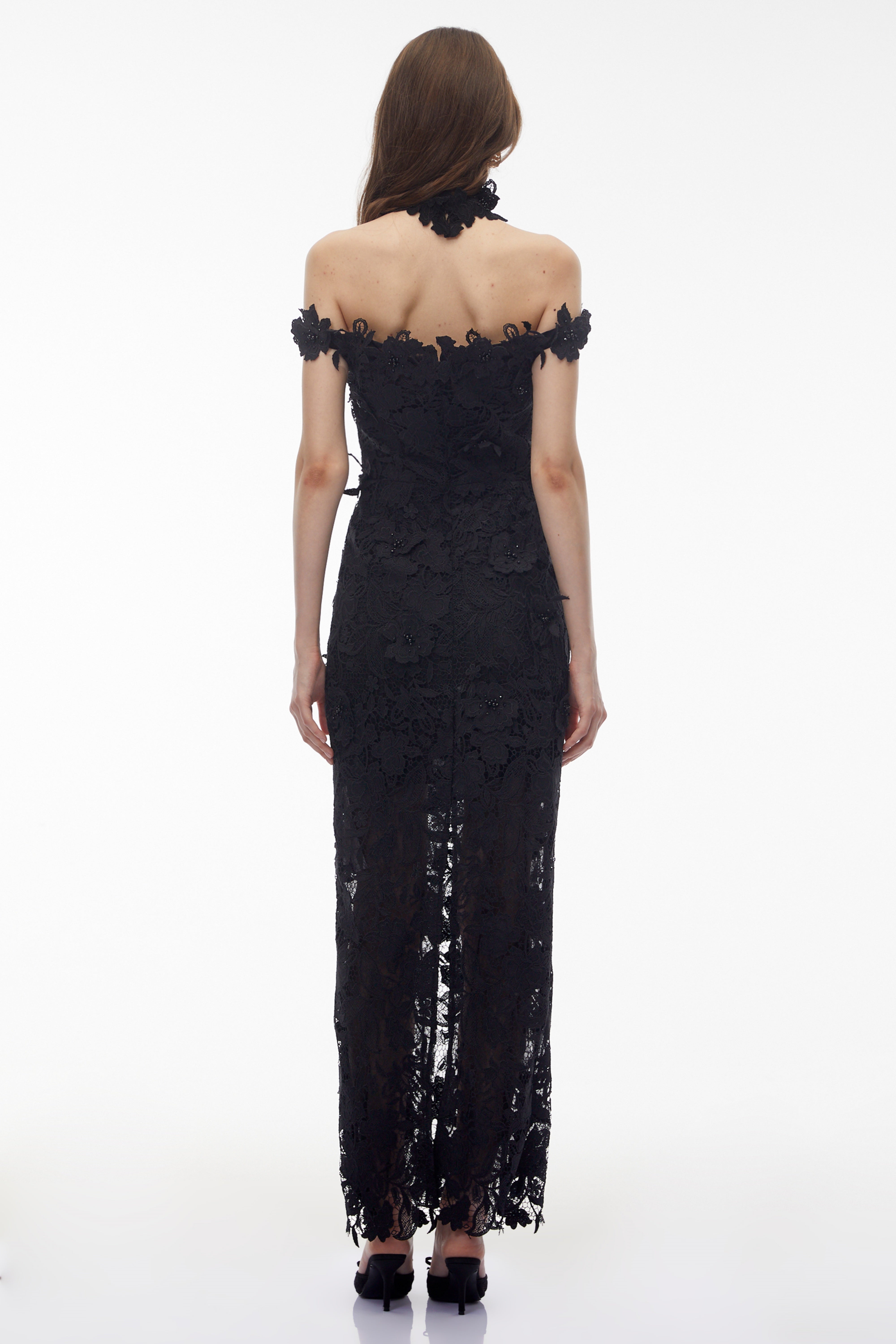 Hecate Black Beaded Lace Maxi Dress with 3D Florals