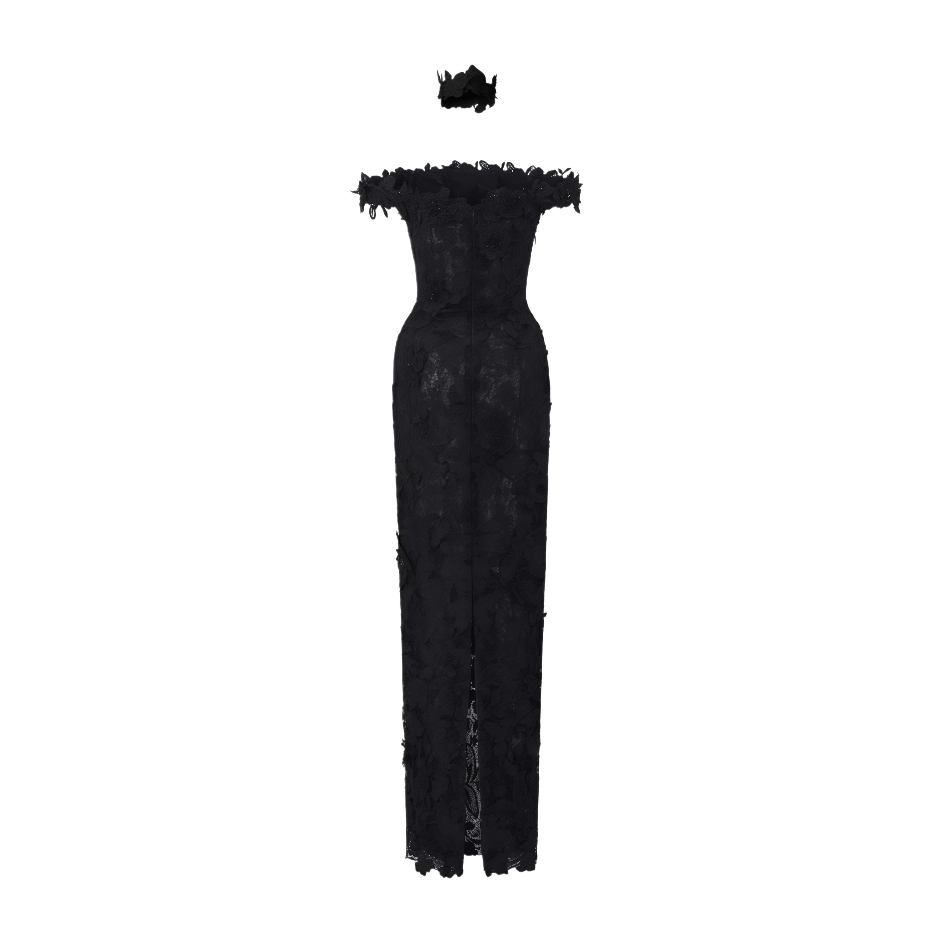 Hecate Black Beaded Lace Maxi Dress with 3D Florals
