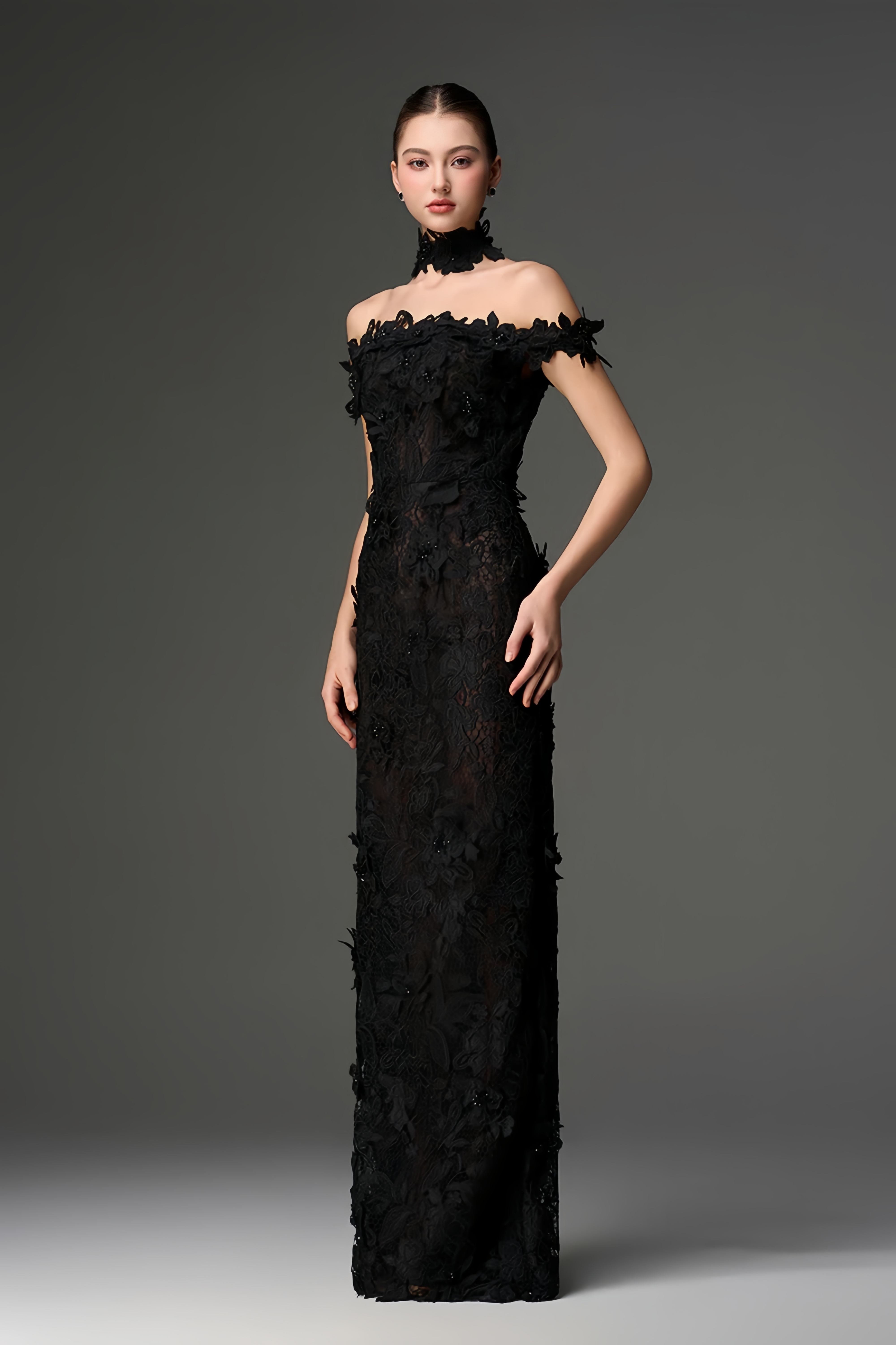 Hecate Black Beaded Lace Maxi Dress with 3D Florals