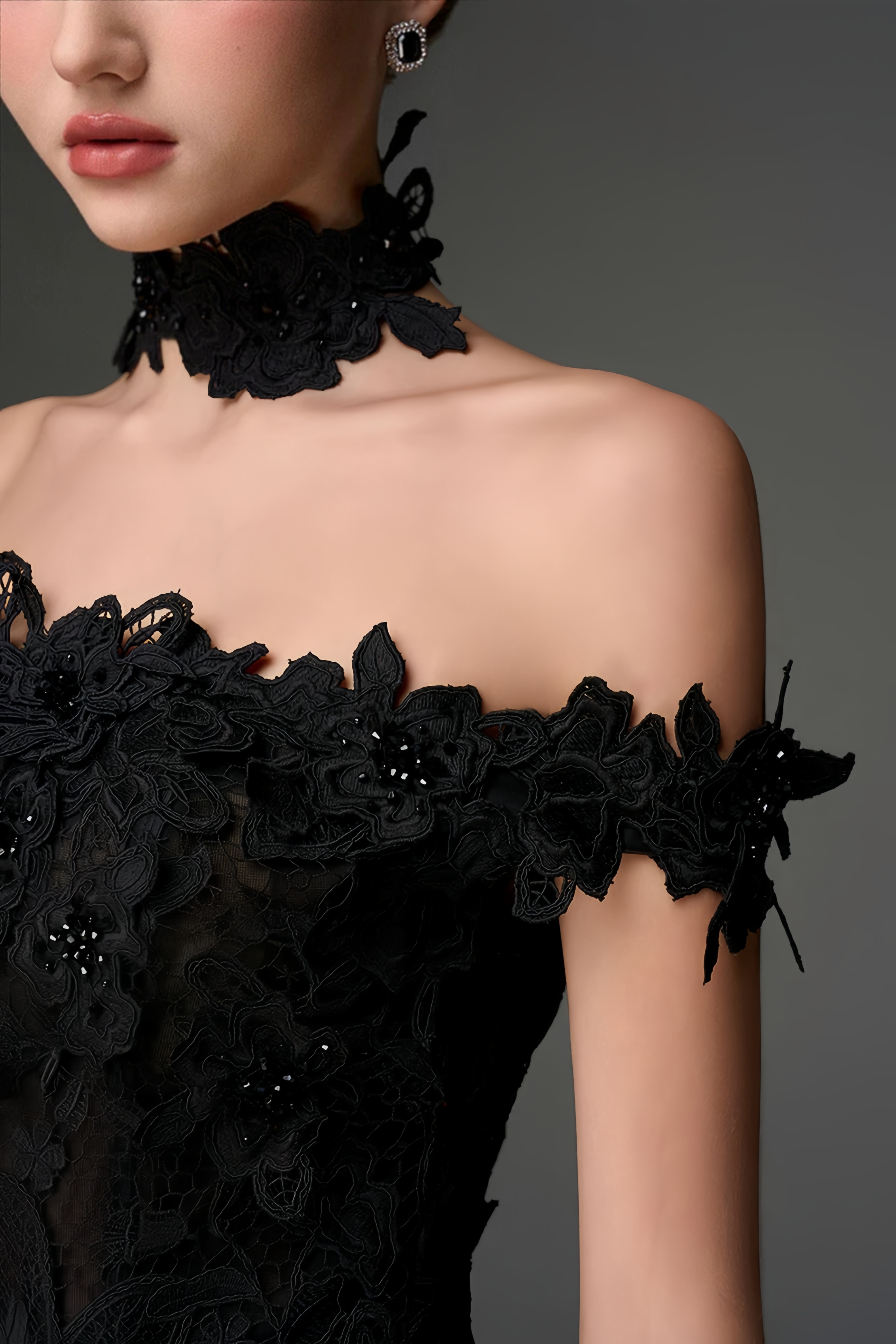 Hecate Black Beaded Lace Maxi Dress with 3D Florals