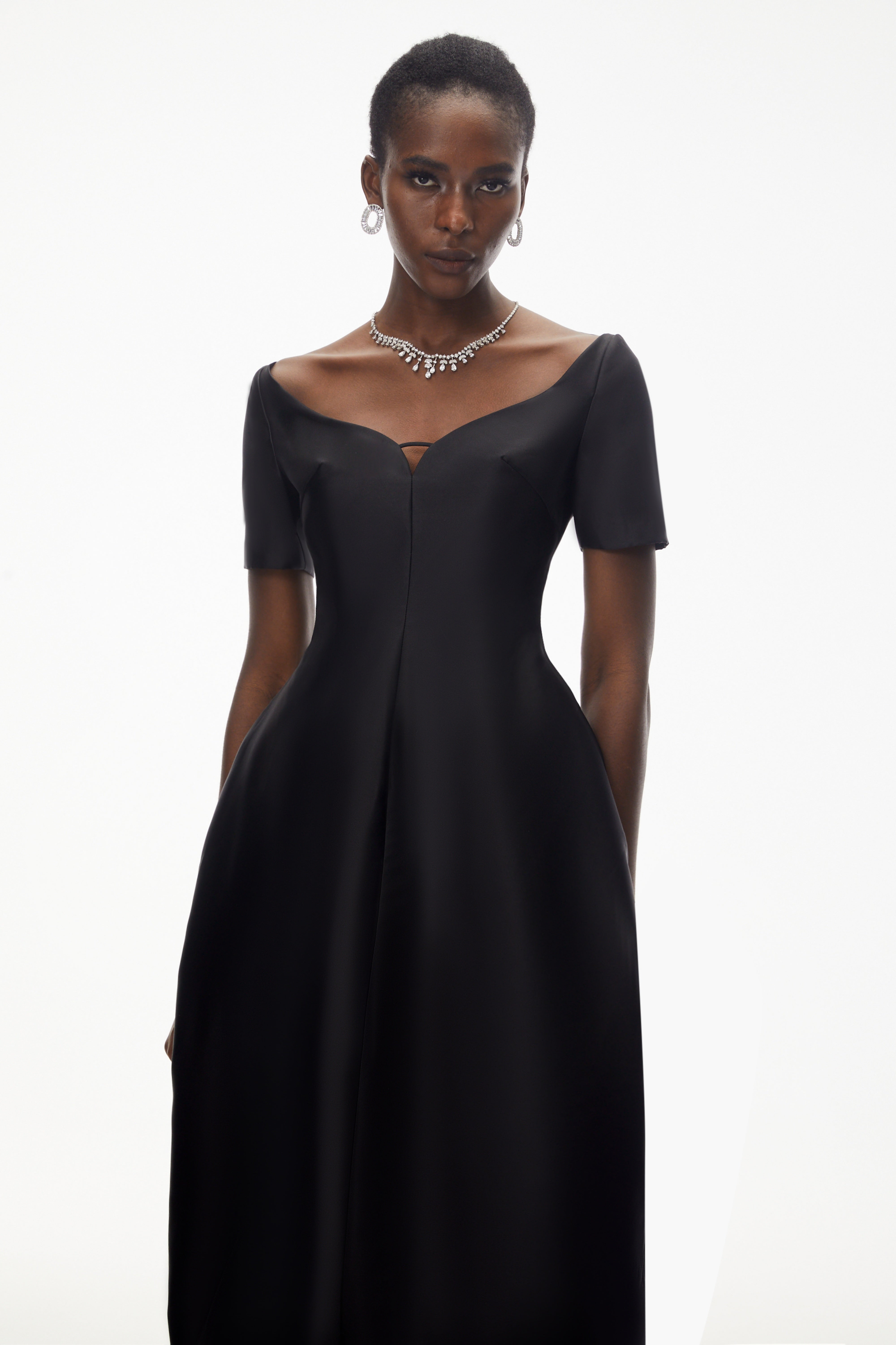 Heidi Black Plunge Neck Asymmetrical Midi Dress