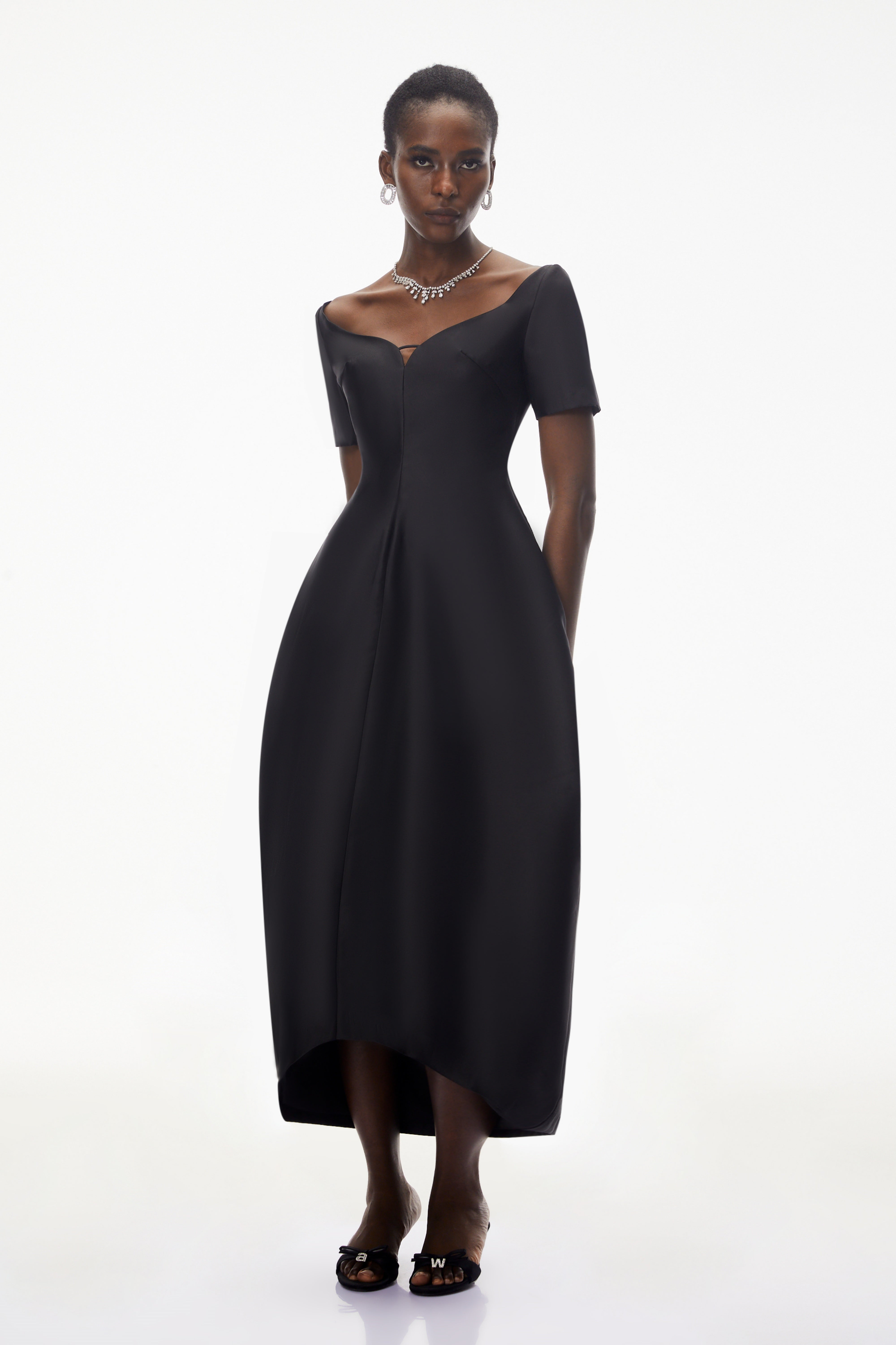 Heidi Black Plunge Neck Asymmetrical Midi Dress