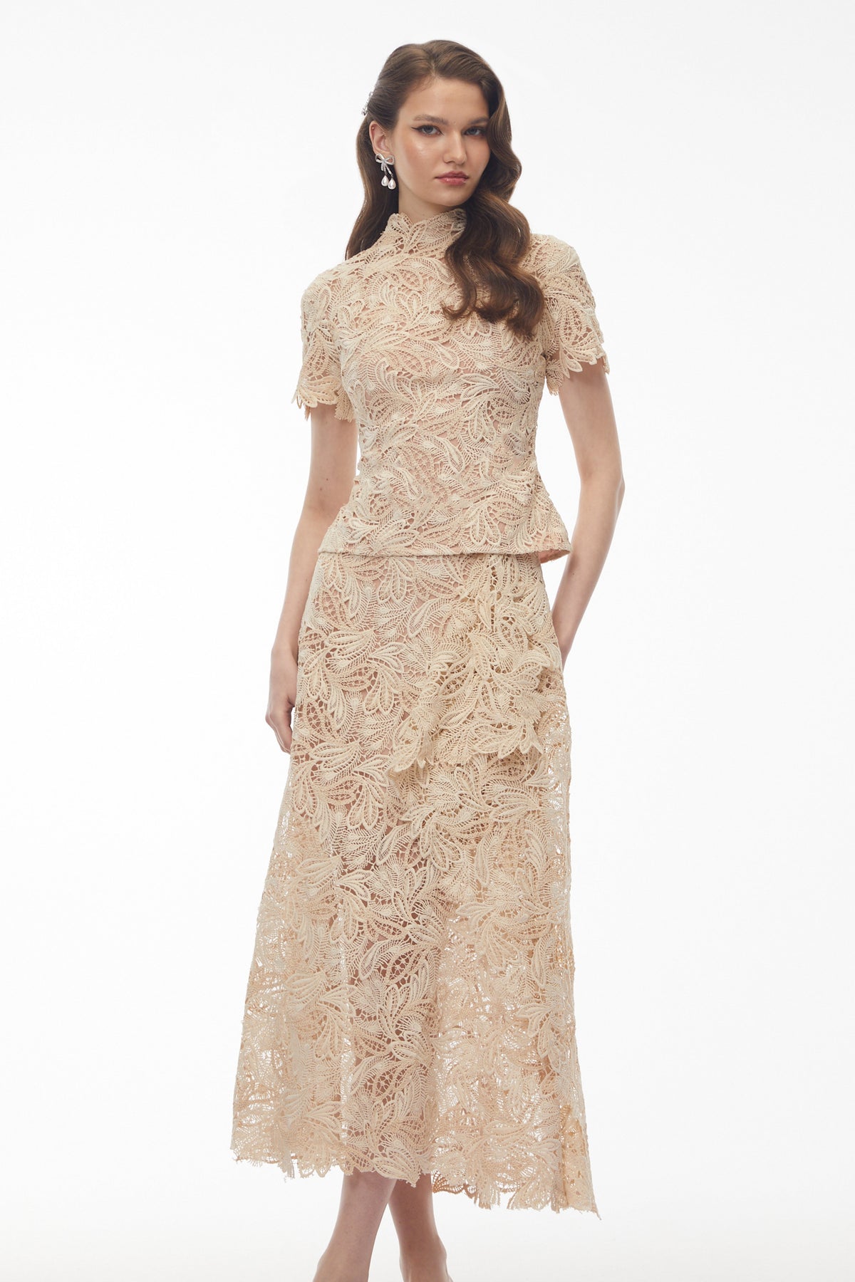 Helena Champagne Floral Lace Blouse & Skirt Set