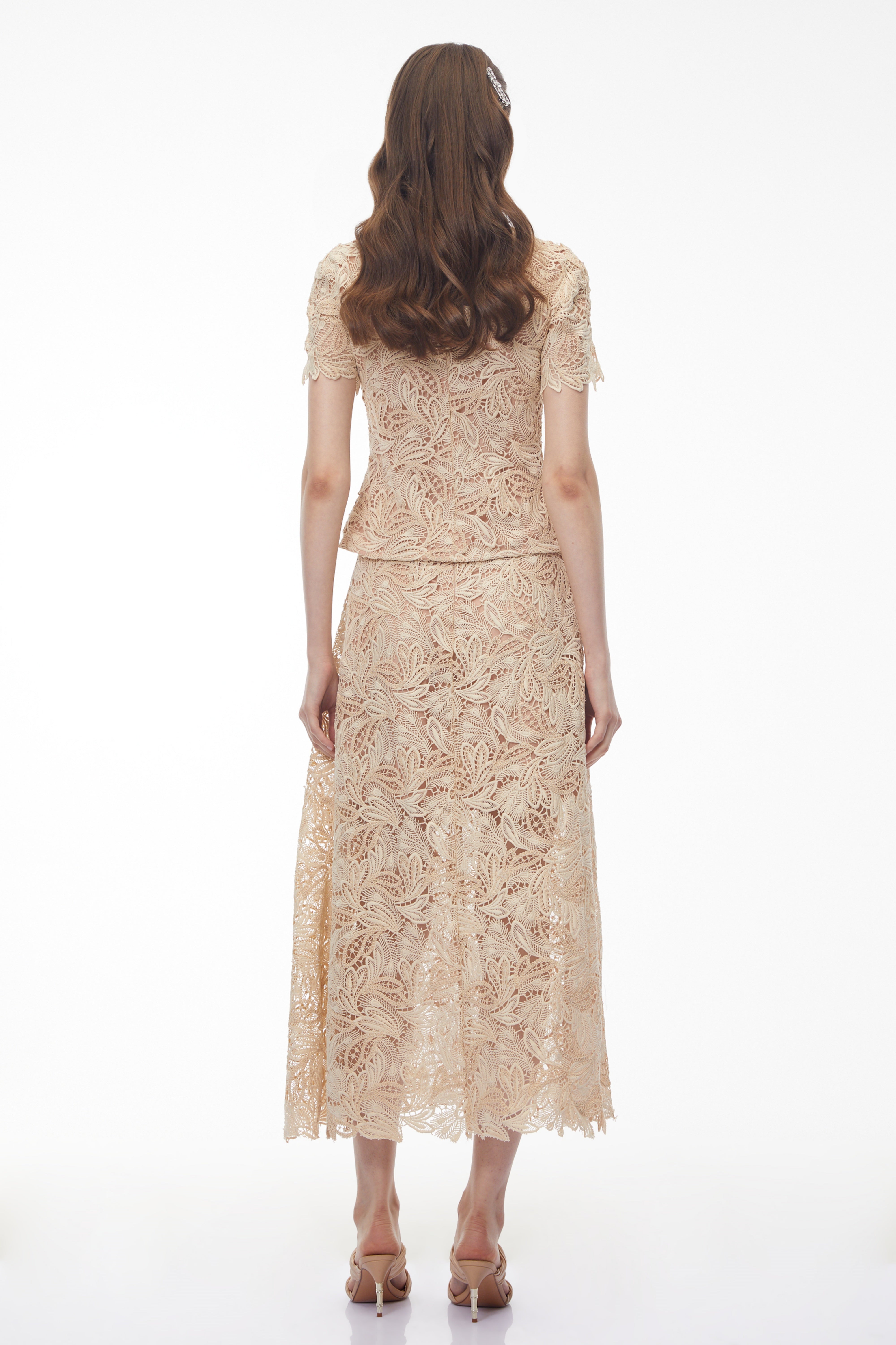Helena Champagne Floral Lace Blouse & Skirt Set
