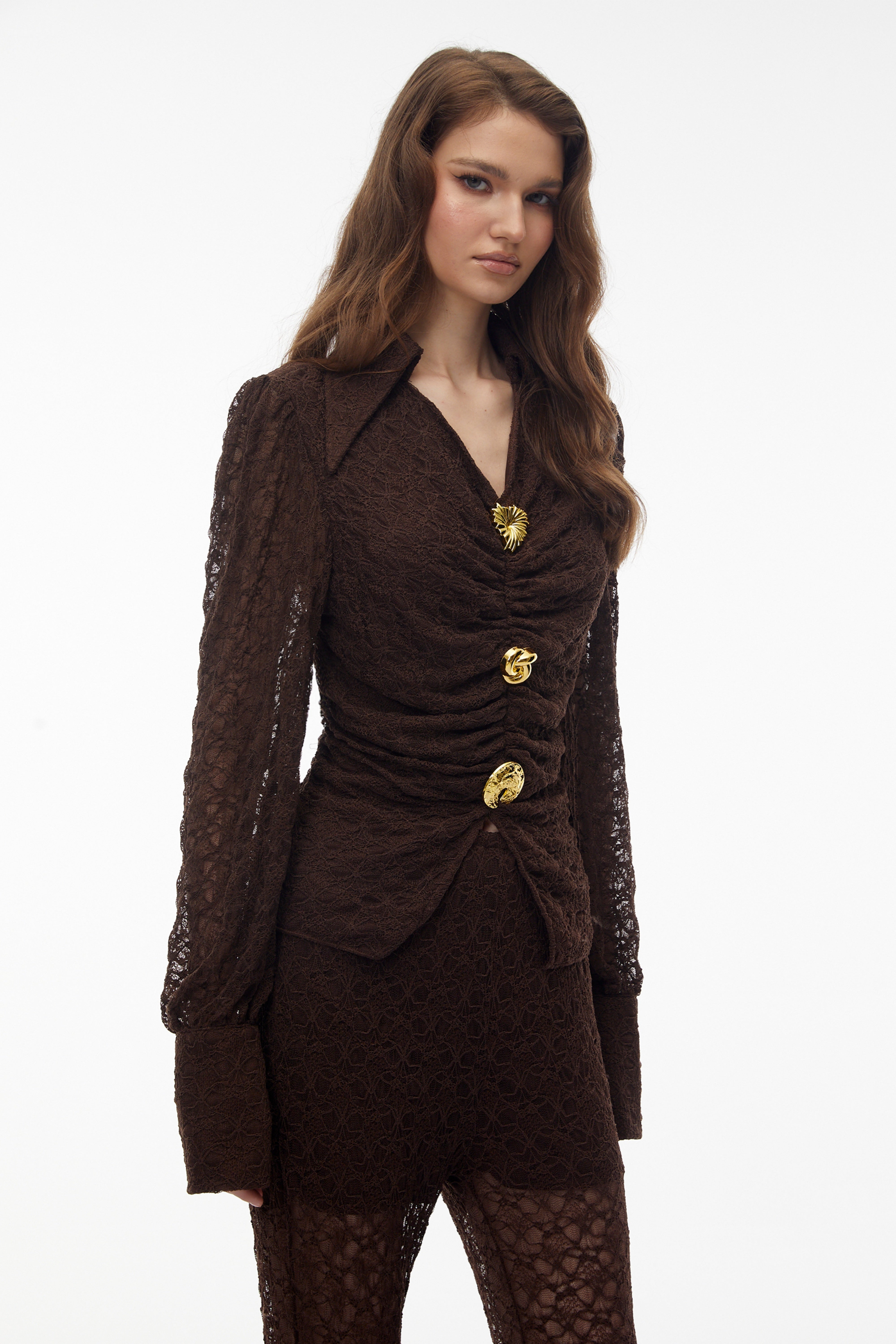 Helle Brown Floral Lace Top & Trouser Set