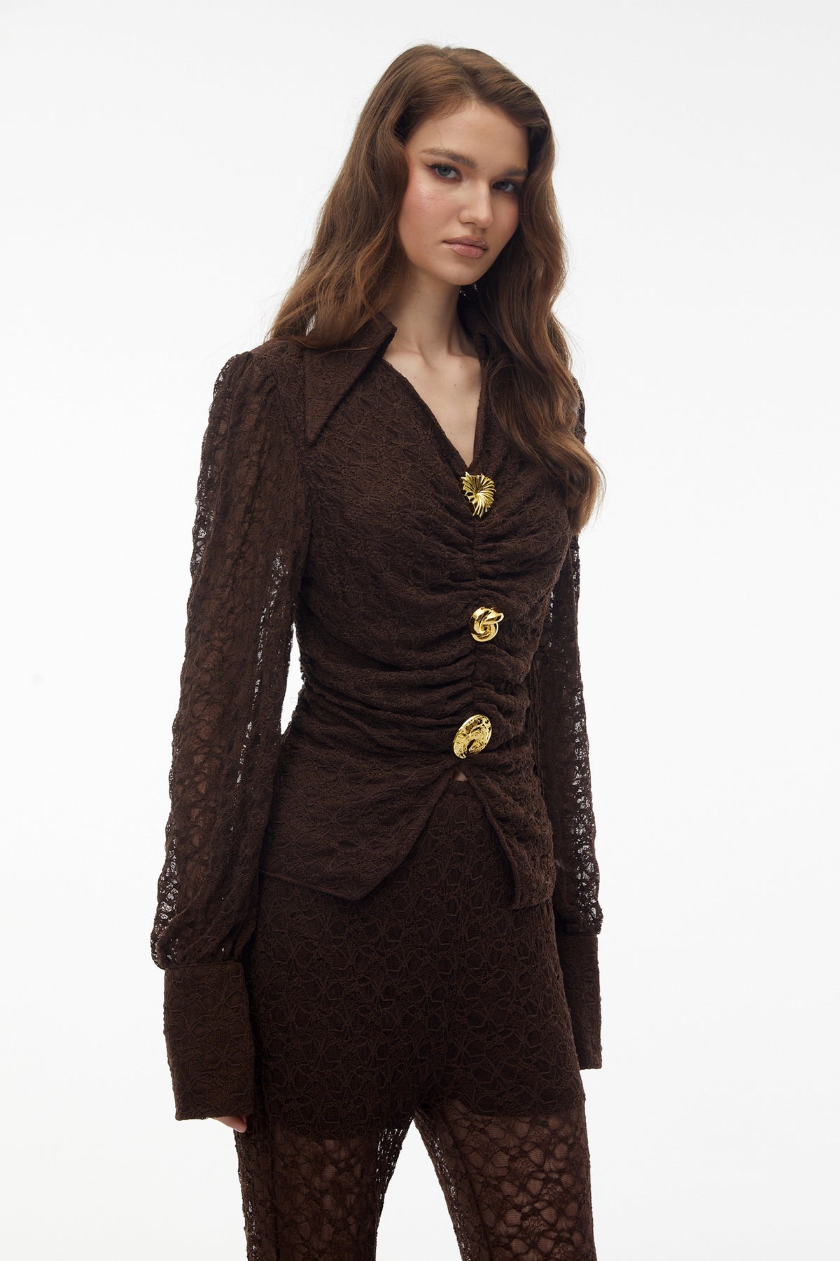 Helle Brown Floral Lace Top & Trouser Set