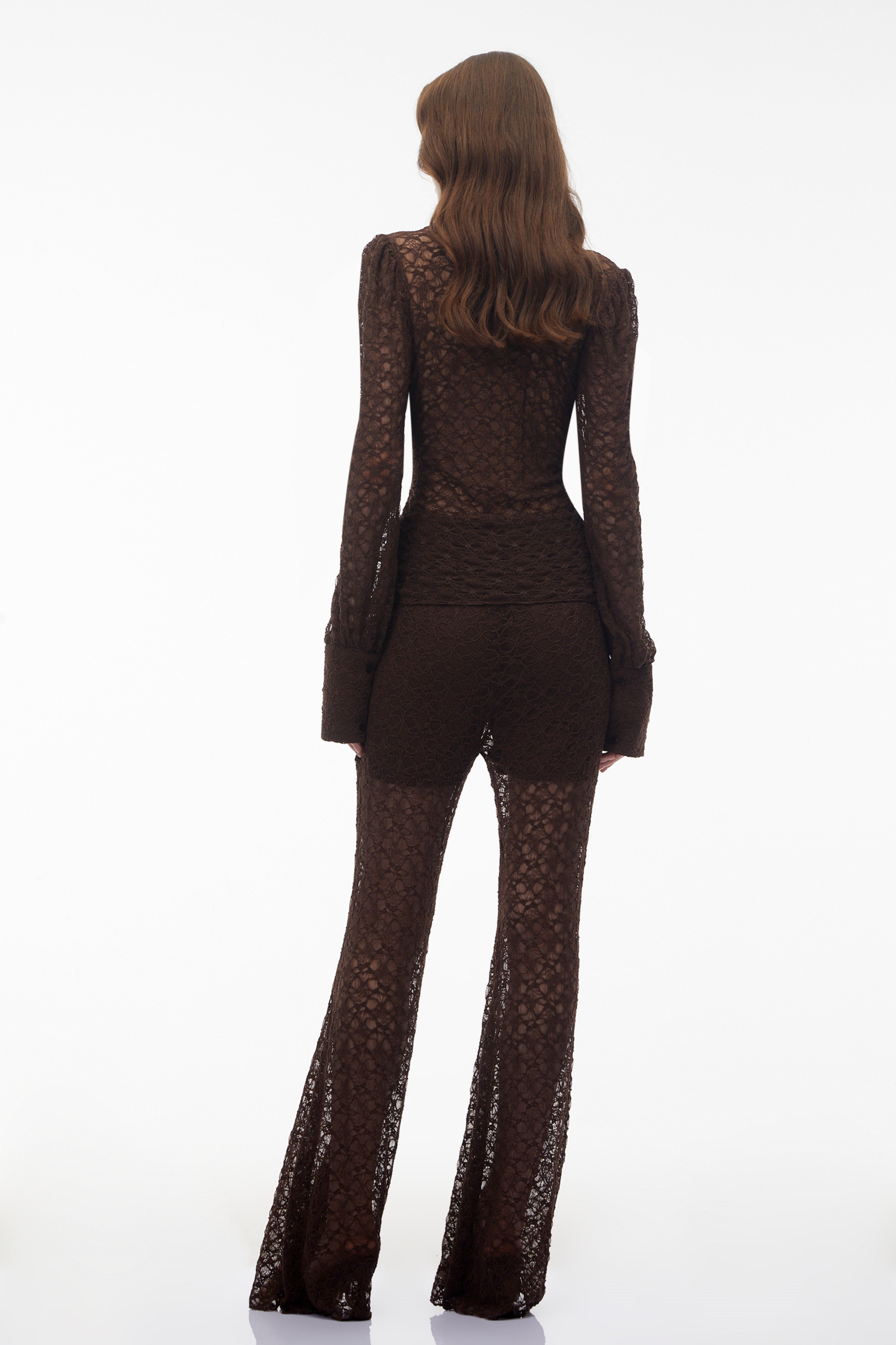 Helle Brown Floral Lace Top & Trouser Set