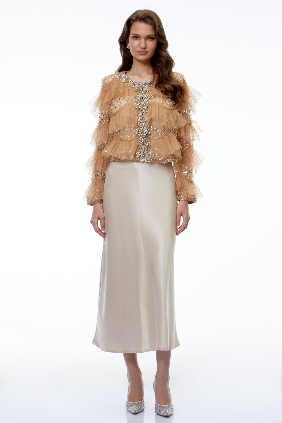 Henare Brown Rhinestone Ruffled Blouse