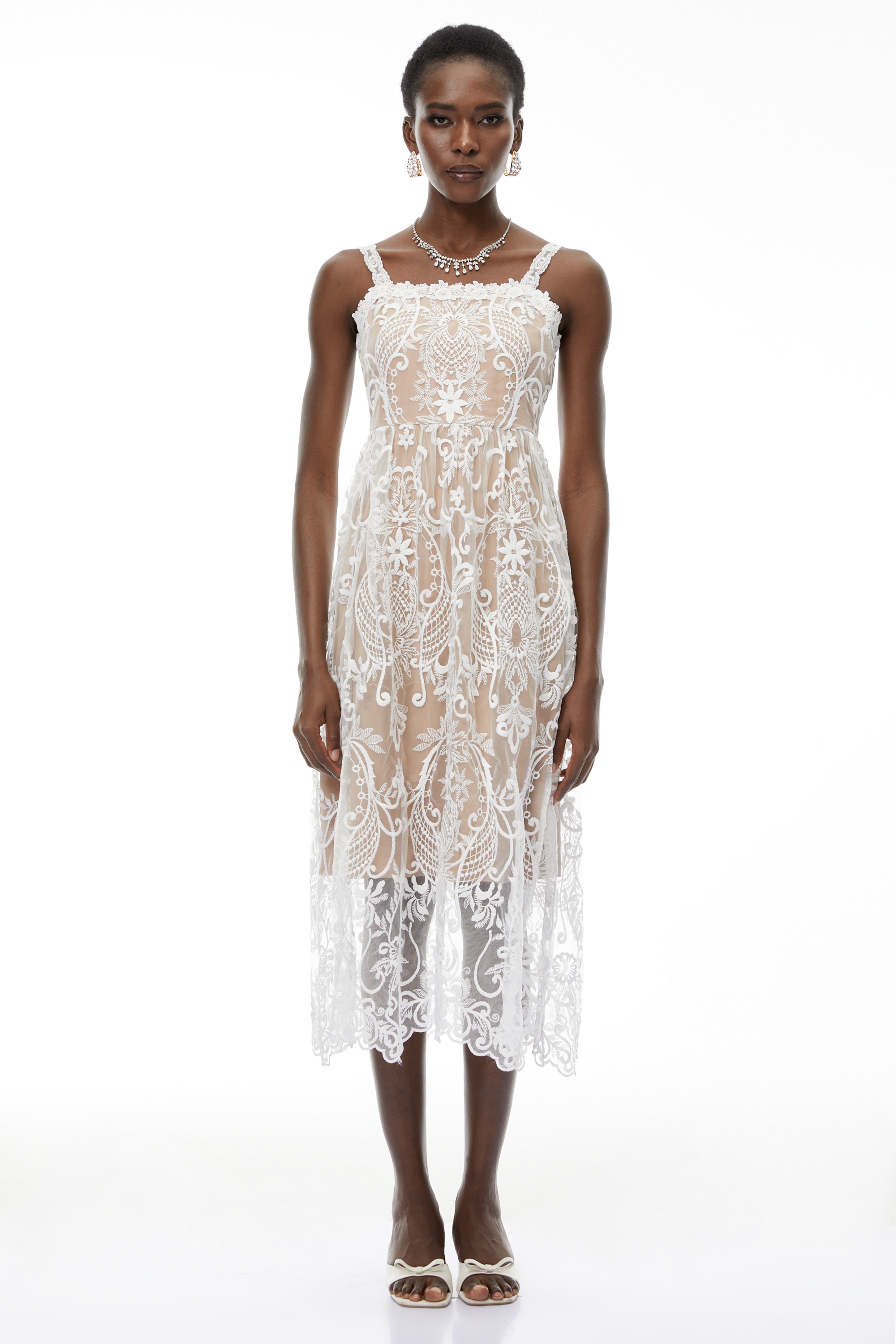 Hermione White Floral Embroidered Lace Midi Dress