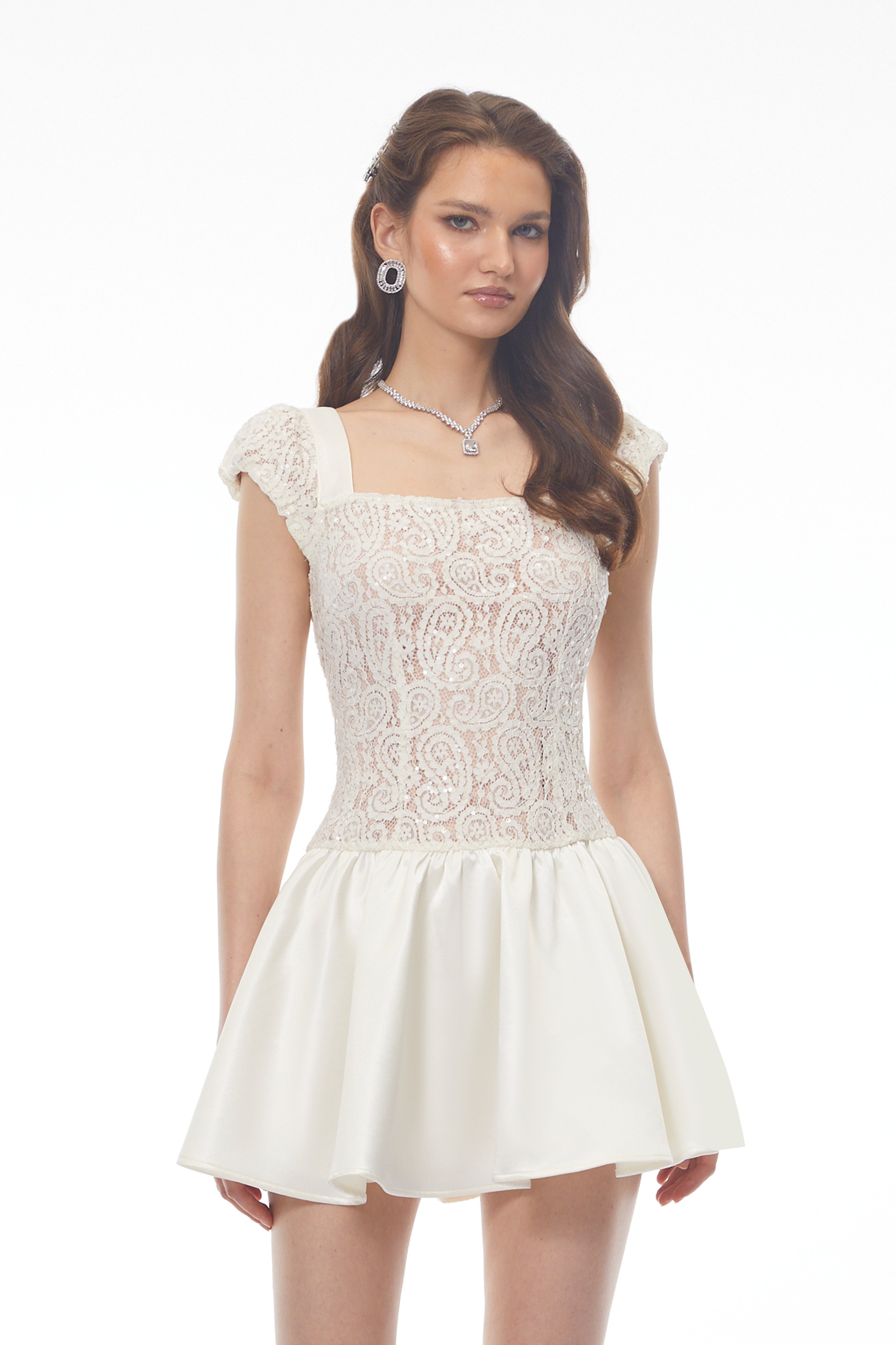 Hermione White Square Neck Mini Dress with Lace Panels