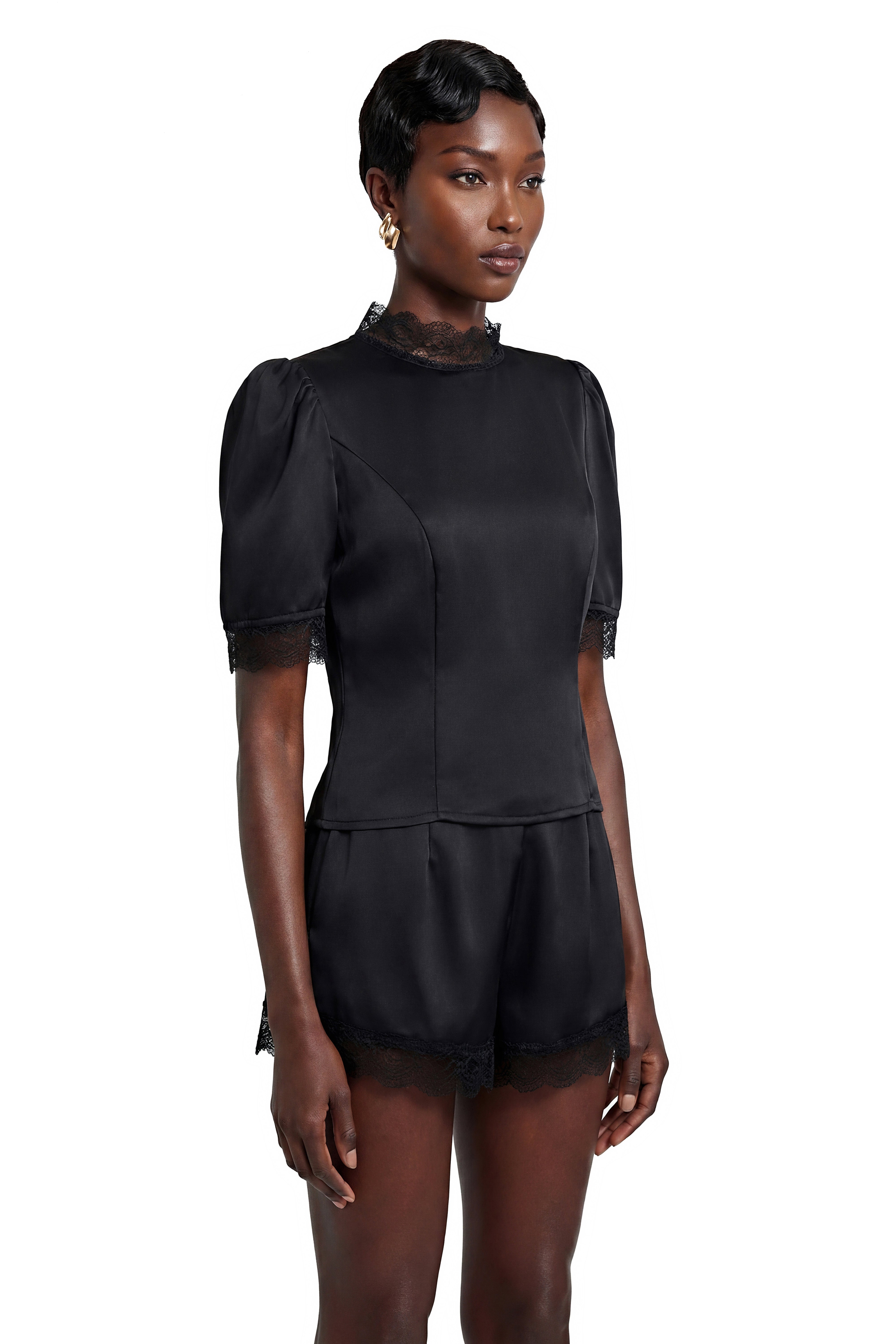 Hesper Black Satin Blouse & Shorts Set with Lace