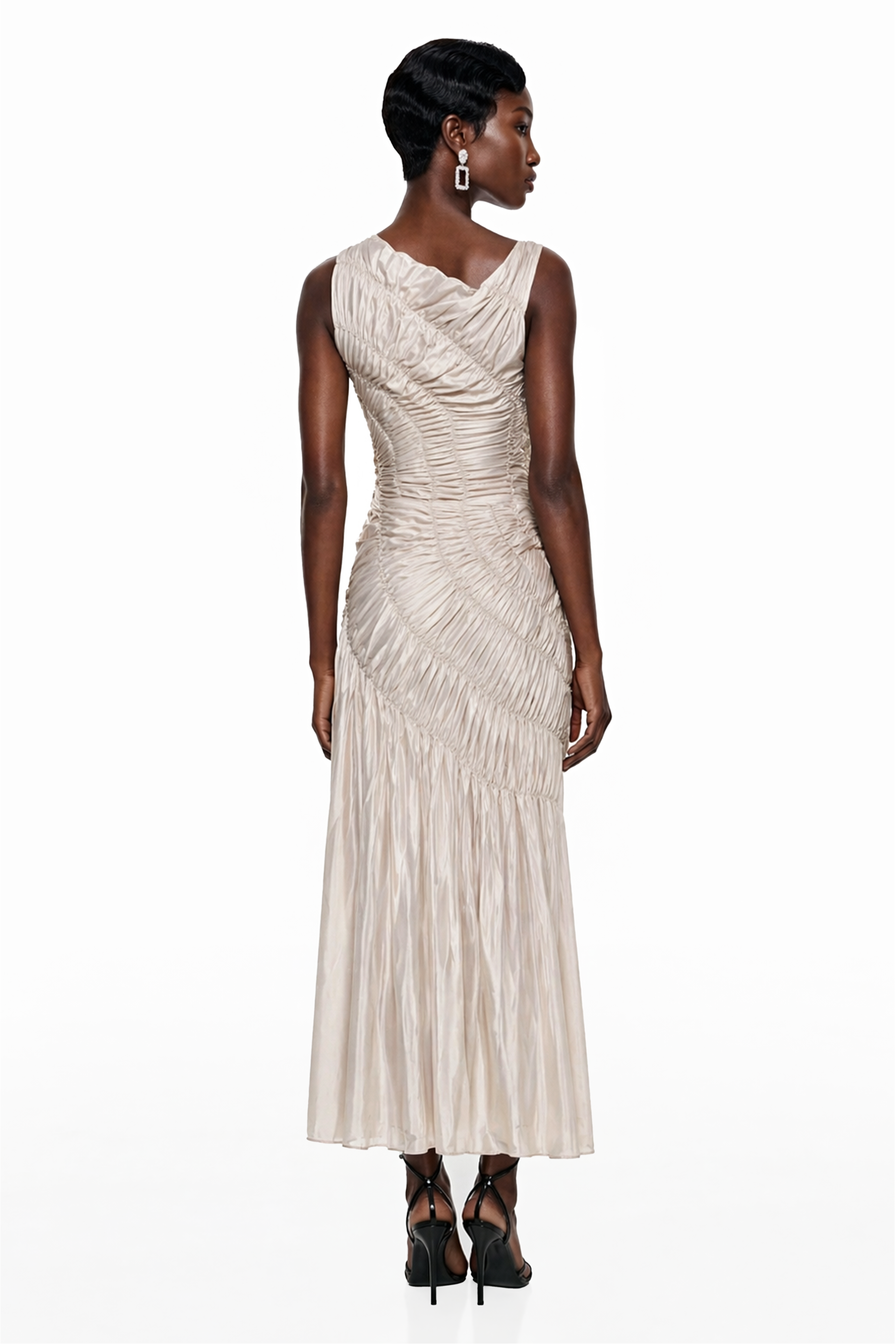 Hestia Champagne Ruched Asymmetrical Maxi Dress