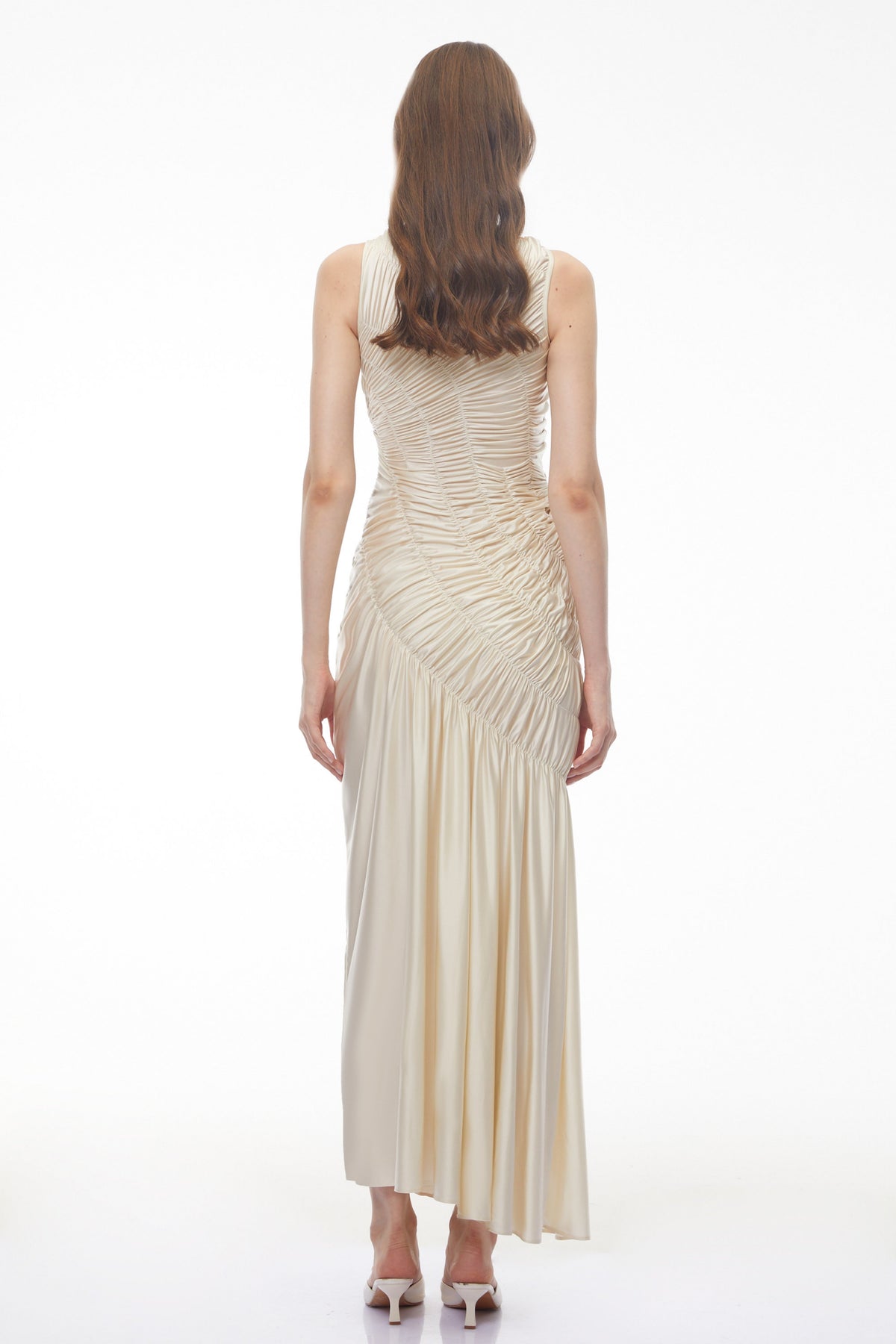 Hestia Champagne Ruched Asymmetrical Maxi Dress