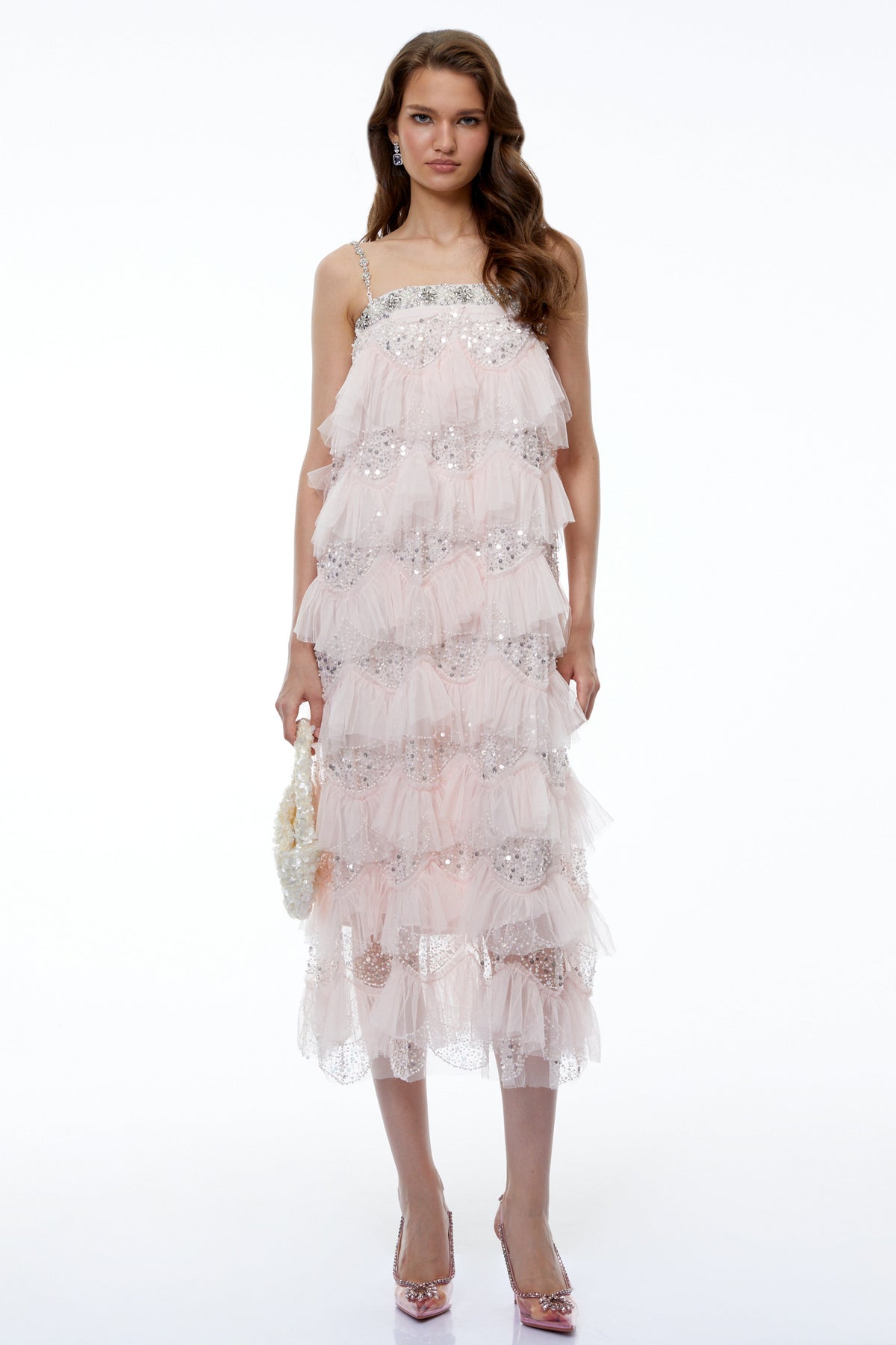 Heta Pink Embellished Tiered Midi Dress