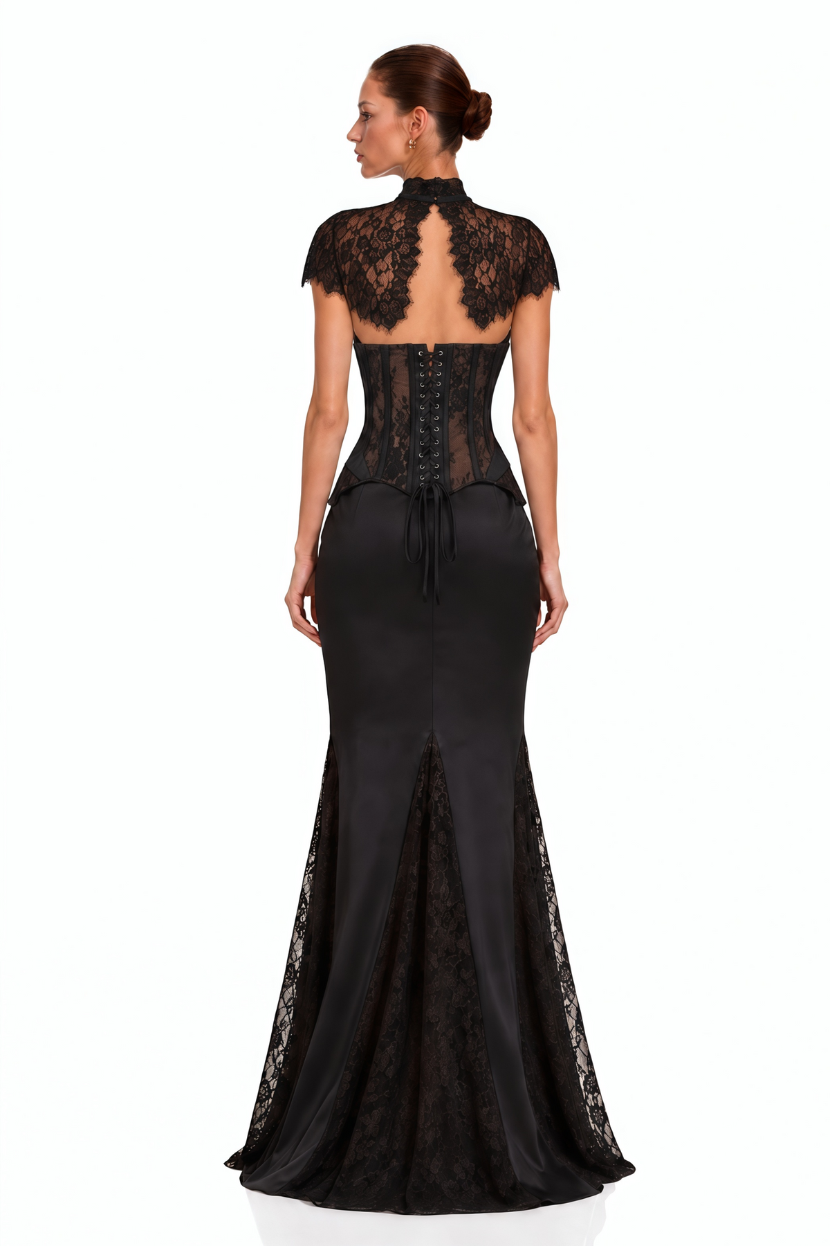 hikma black corset top & skirt set with lace cape