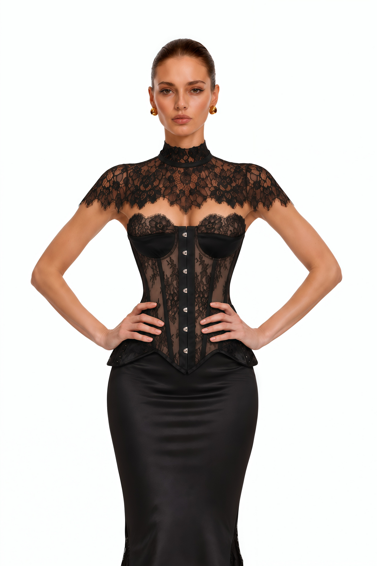hikma black corset top & skirt set with lace cape