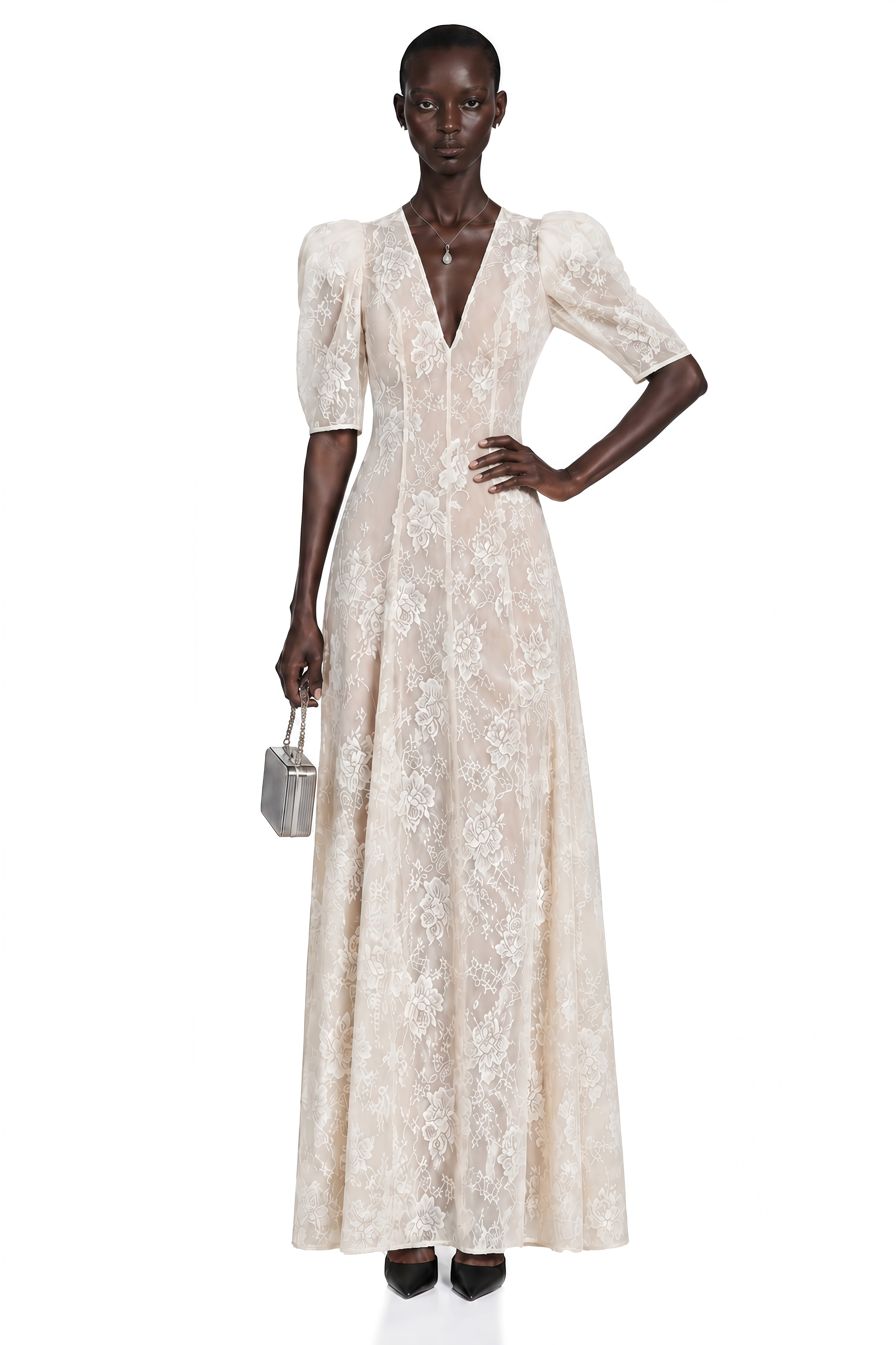 Hinekawa White V-Neck Lace Maxi Dress