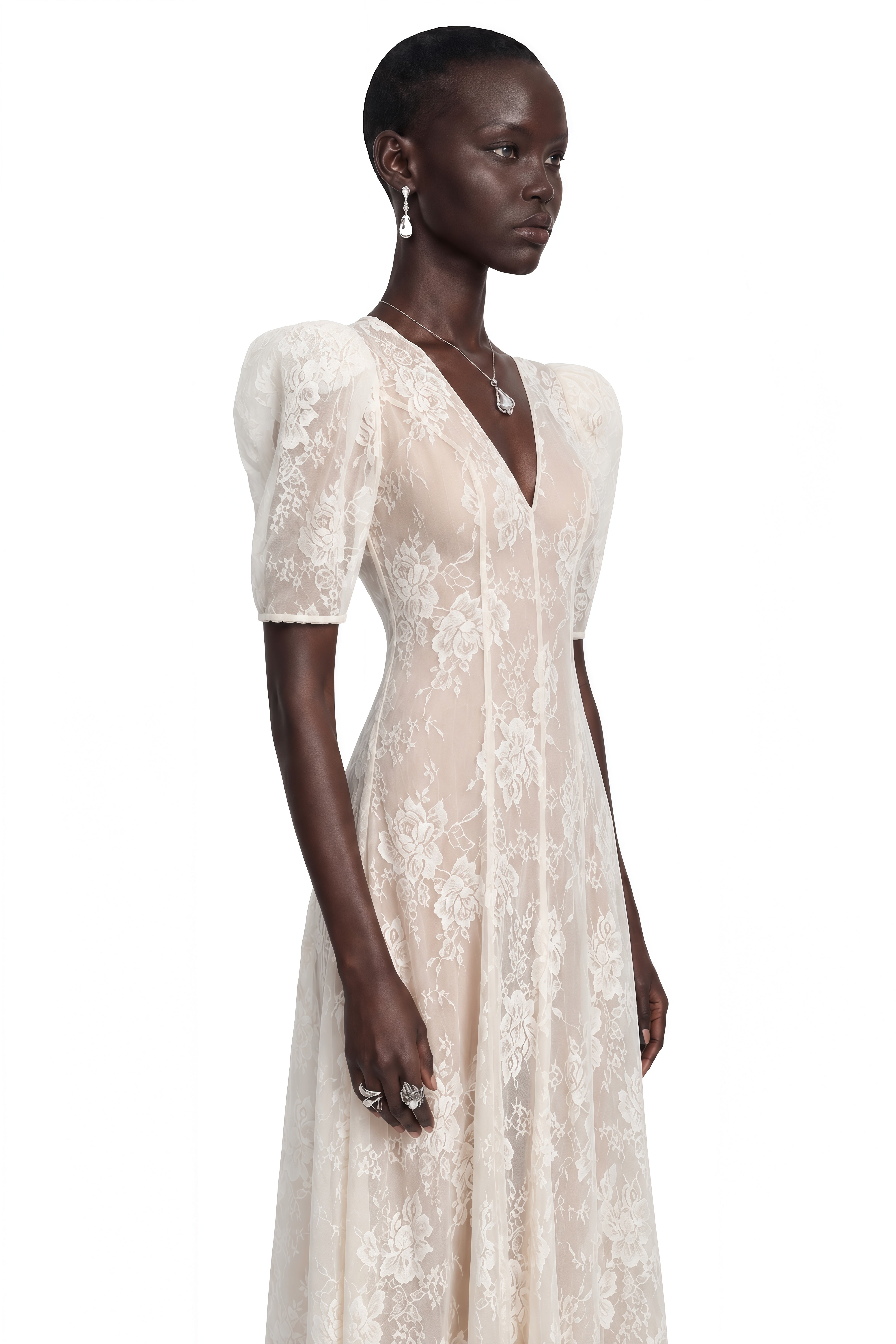 Hinekawa White V-Neck Lace Maxi Dress