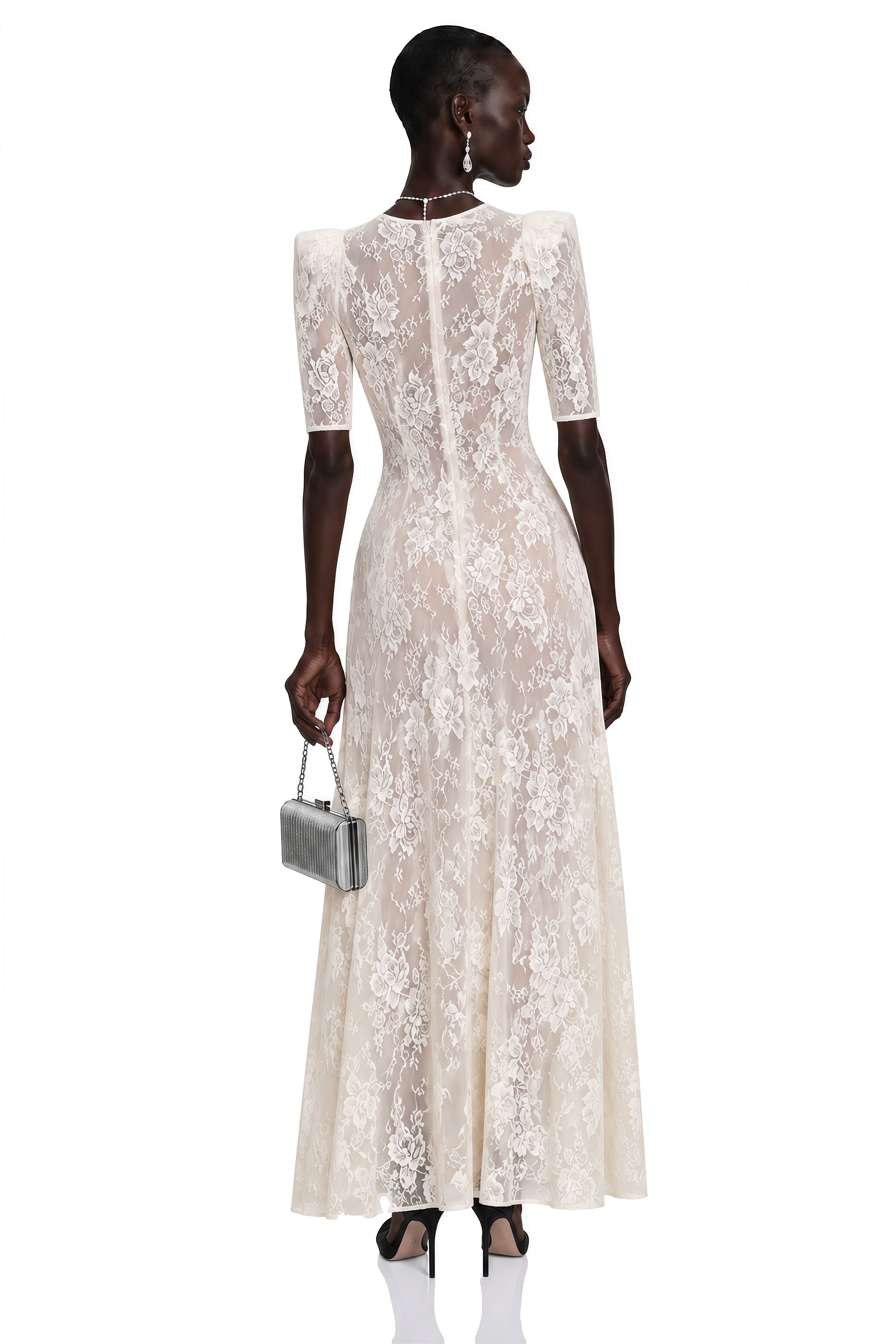 Hinekawa White V-Neck Lace Maxi Dress