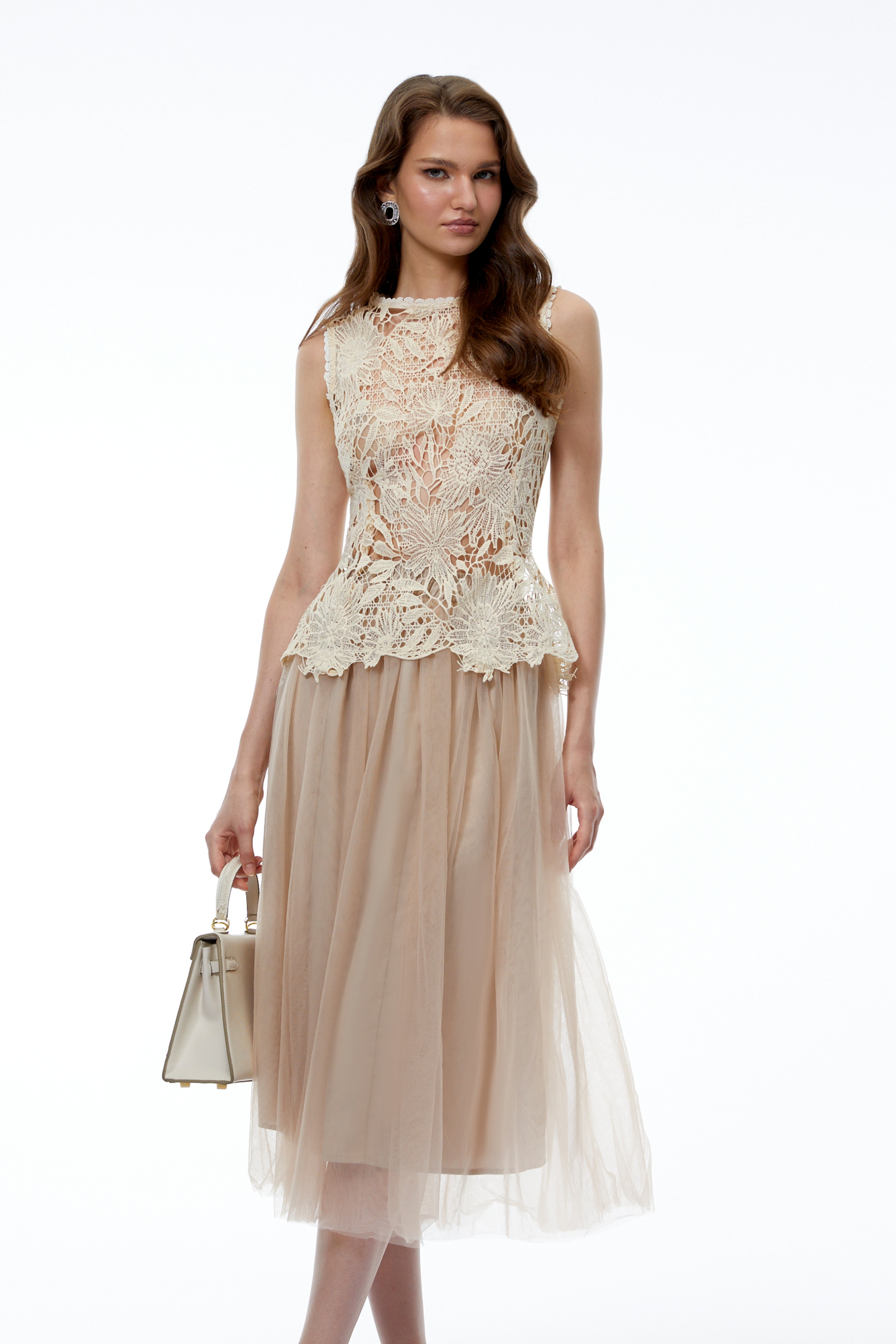 Hortensia Cream Floral Lace Top & Tulle Skirt Set