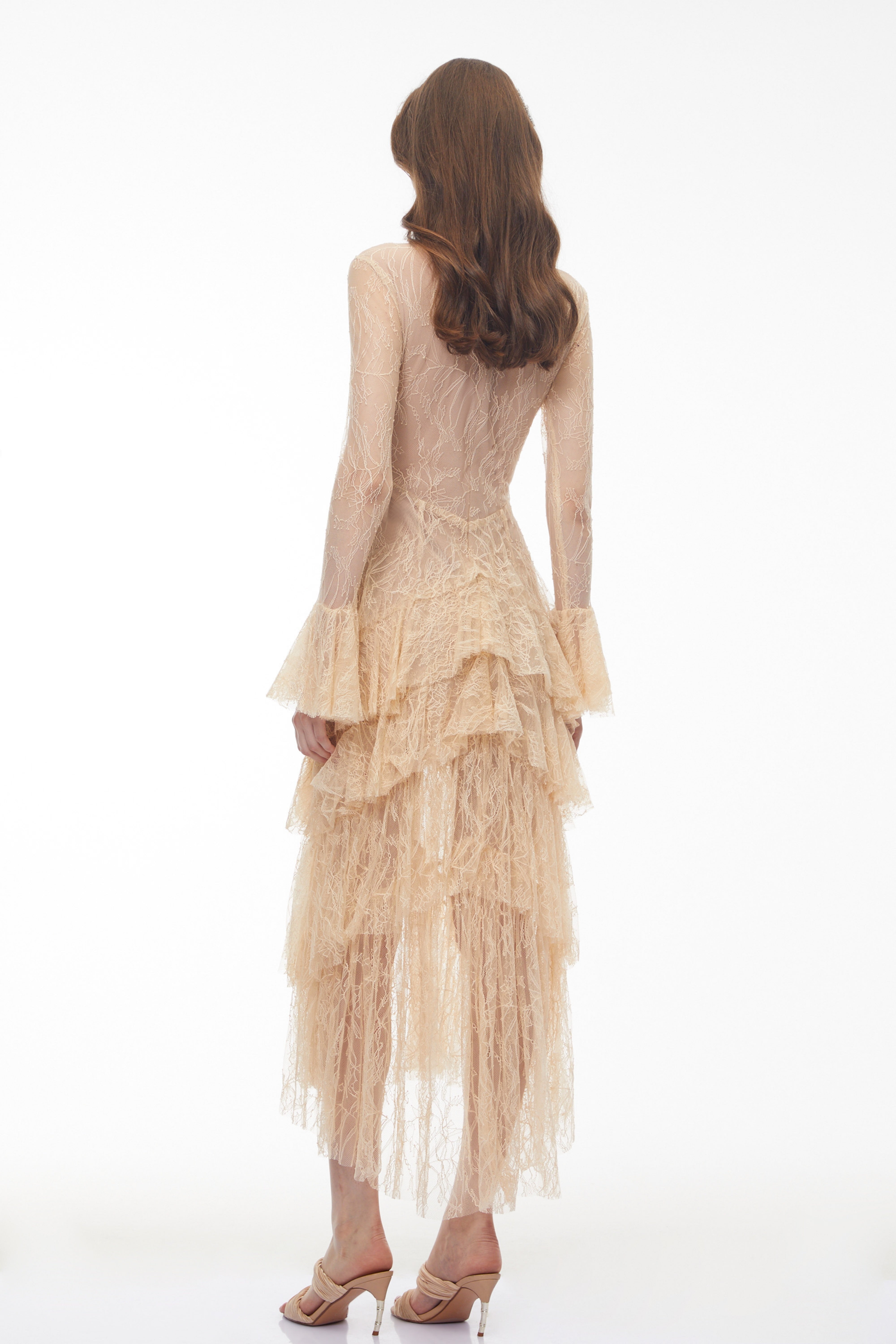 Humayma Beige Lace Tiered Midi Dress