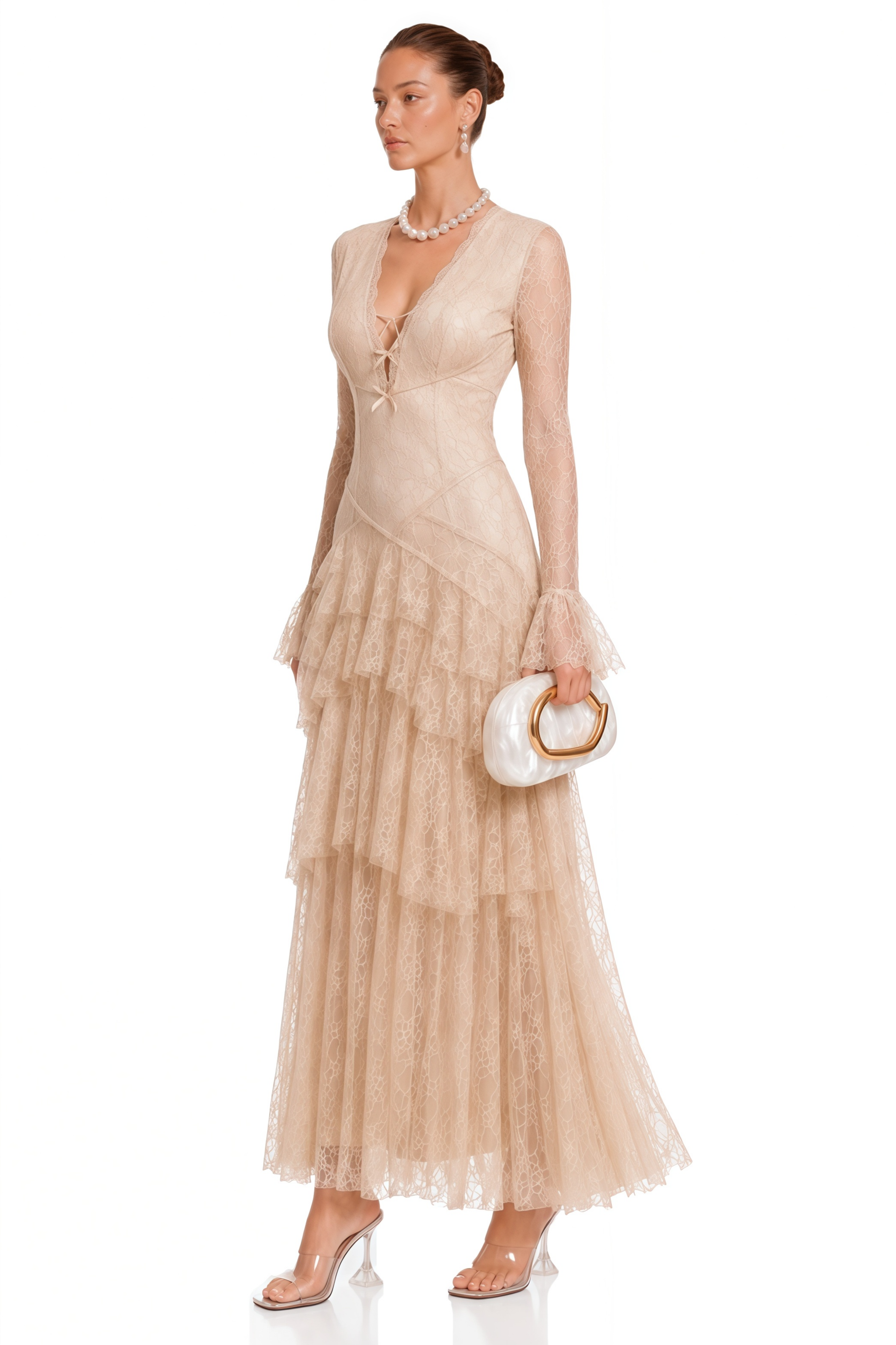 Humayma Beige Lace Tiered Midi Dress
