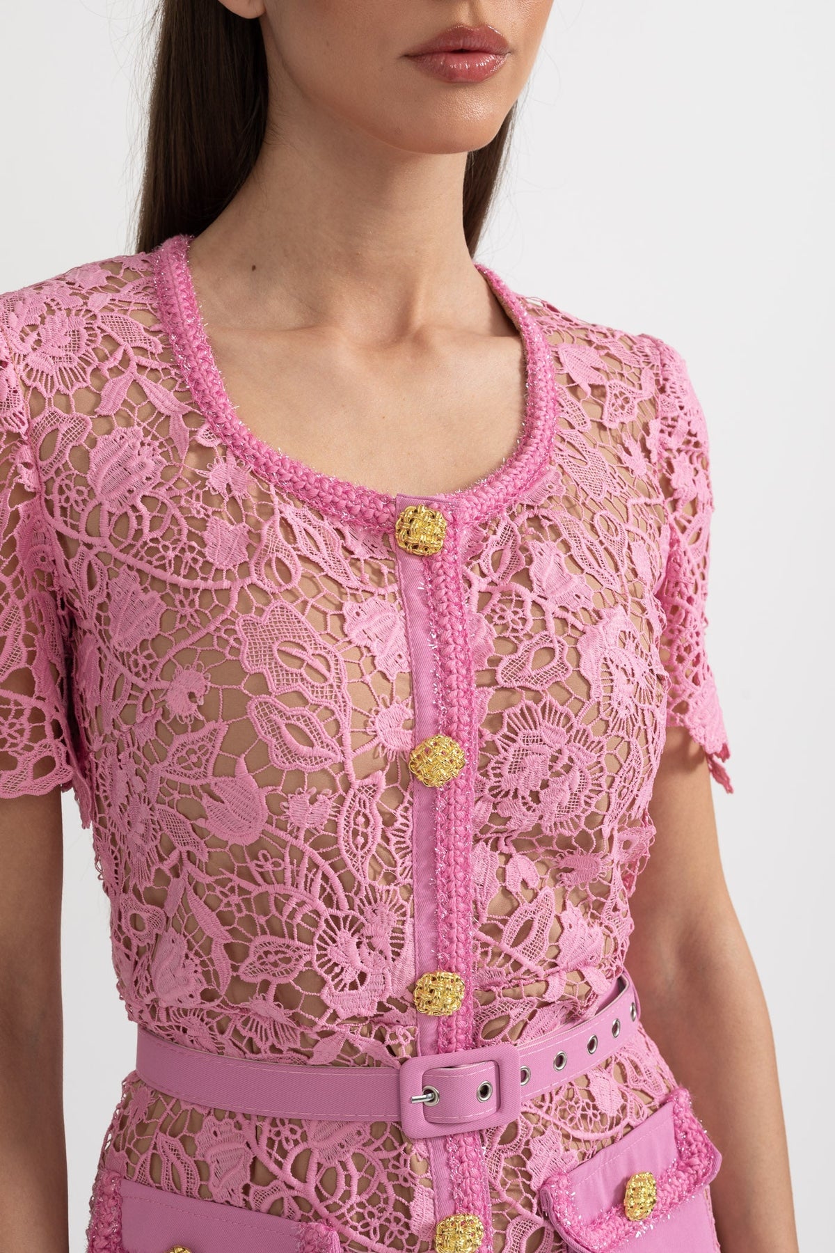 Exquisite Short Sleeve Lace Midi Dress - Rose