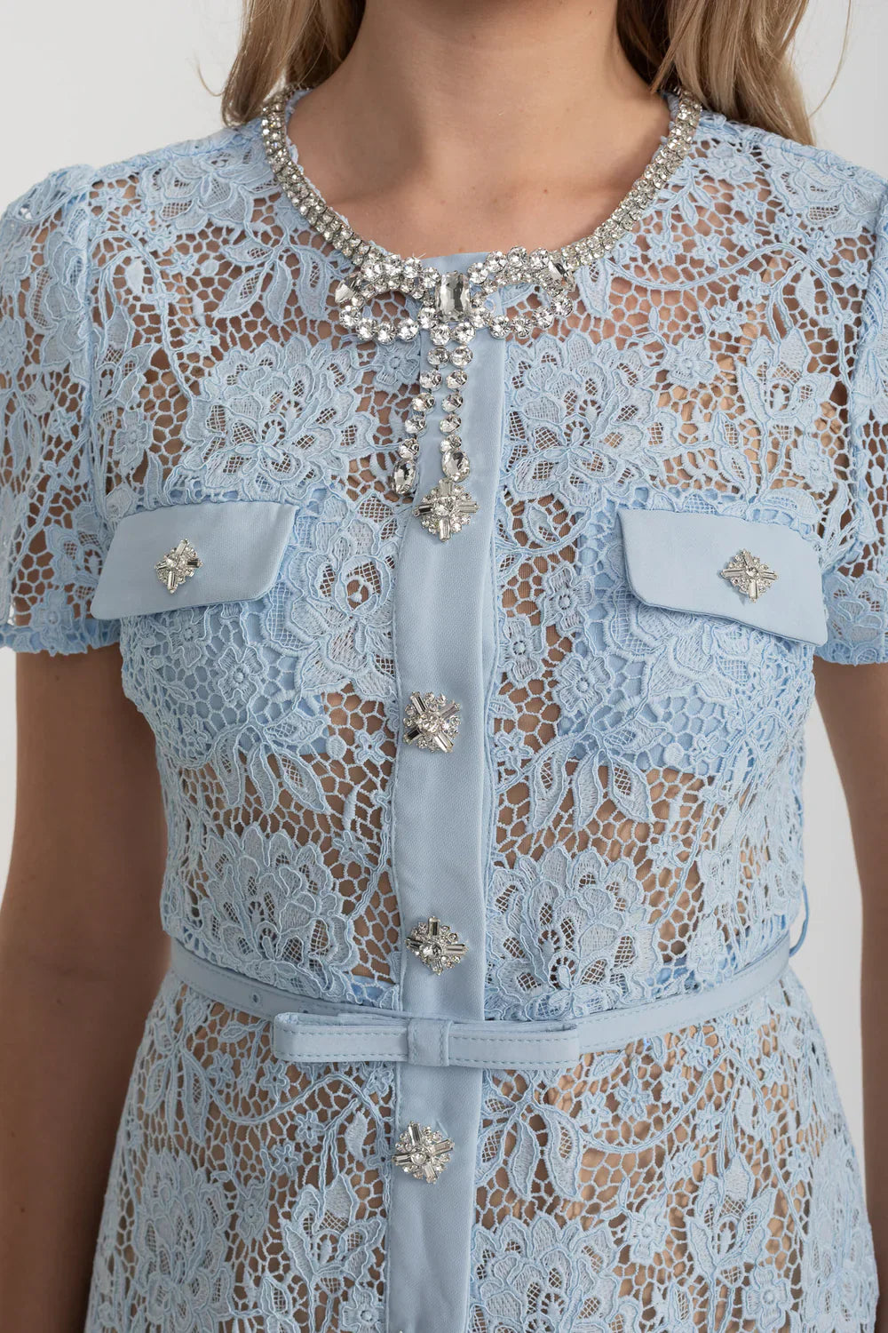 Lace Mini Dress With Buttoned Closure, Sparkling Embellishments And Coordinated Belt - Baby Blue