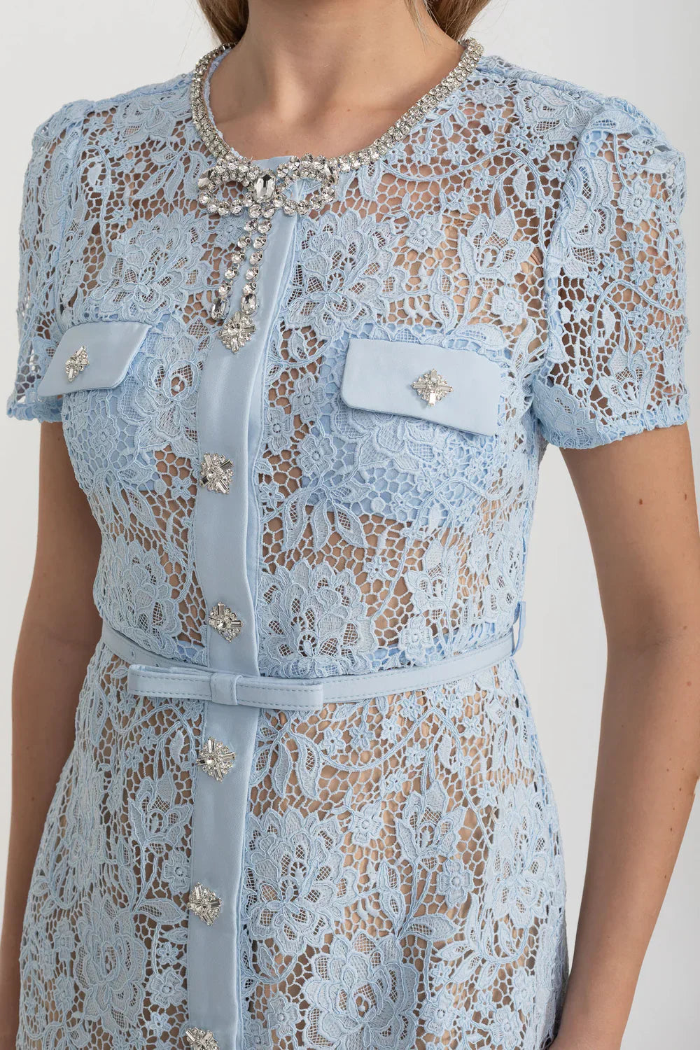 Lace Mini Dress With Buttoned Closure, Sparkling Embellishments And Coordinated Belt - Baby Blue