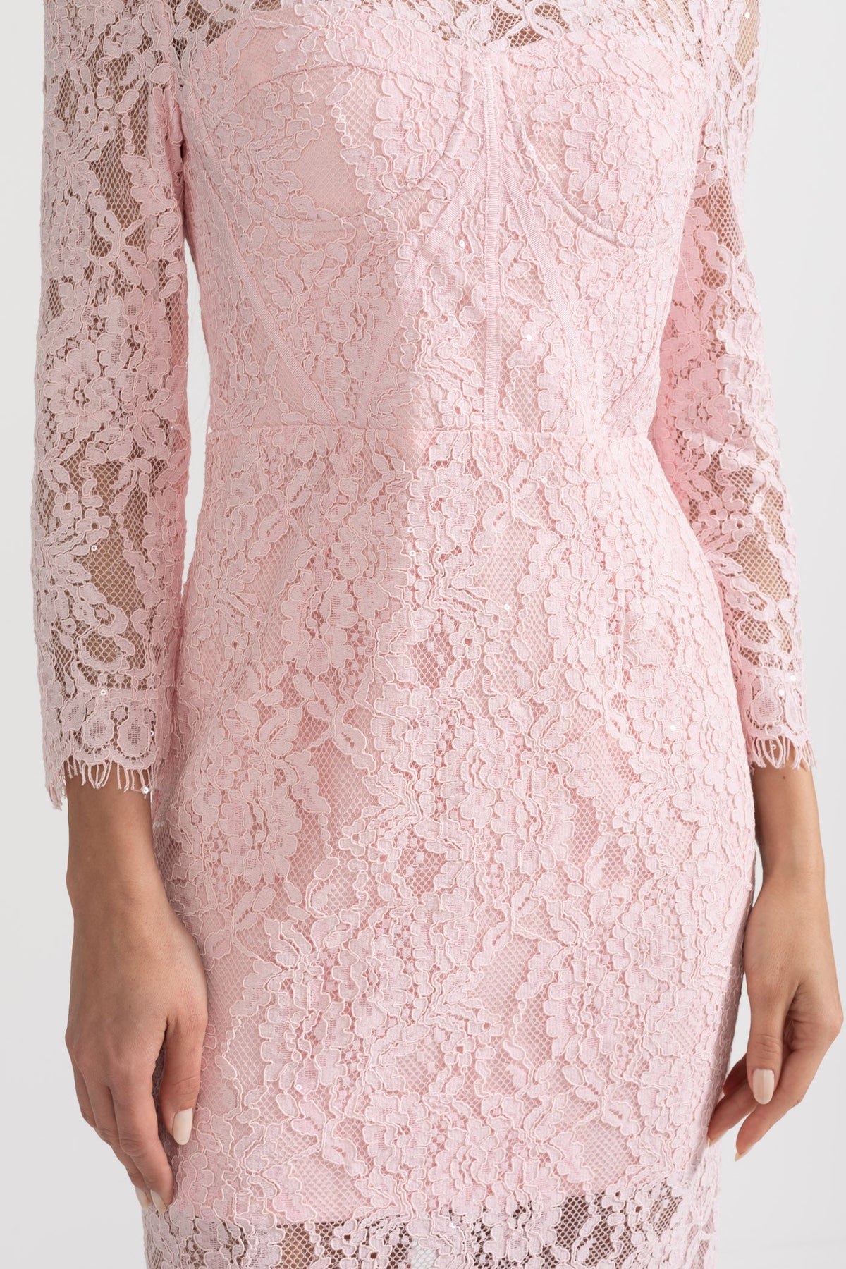 Elegant Long Sleeve Lace Dress With Matching Waist Belt - Pink